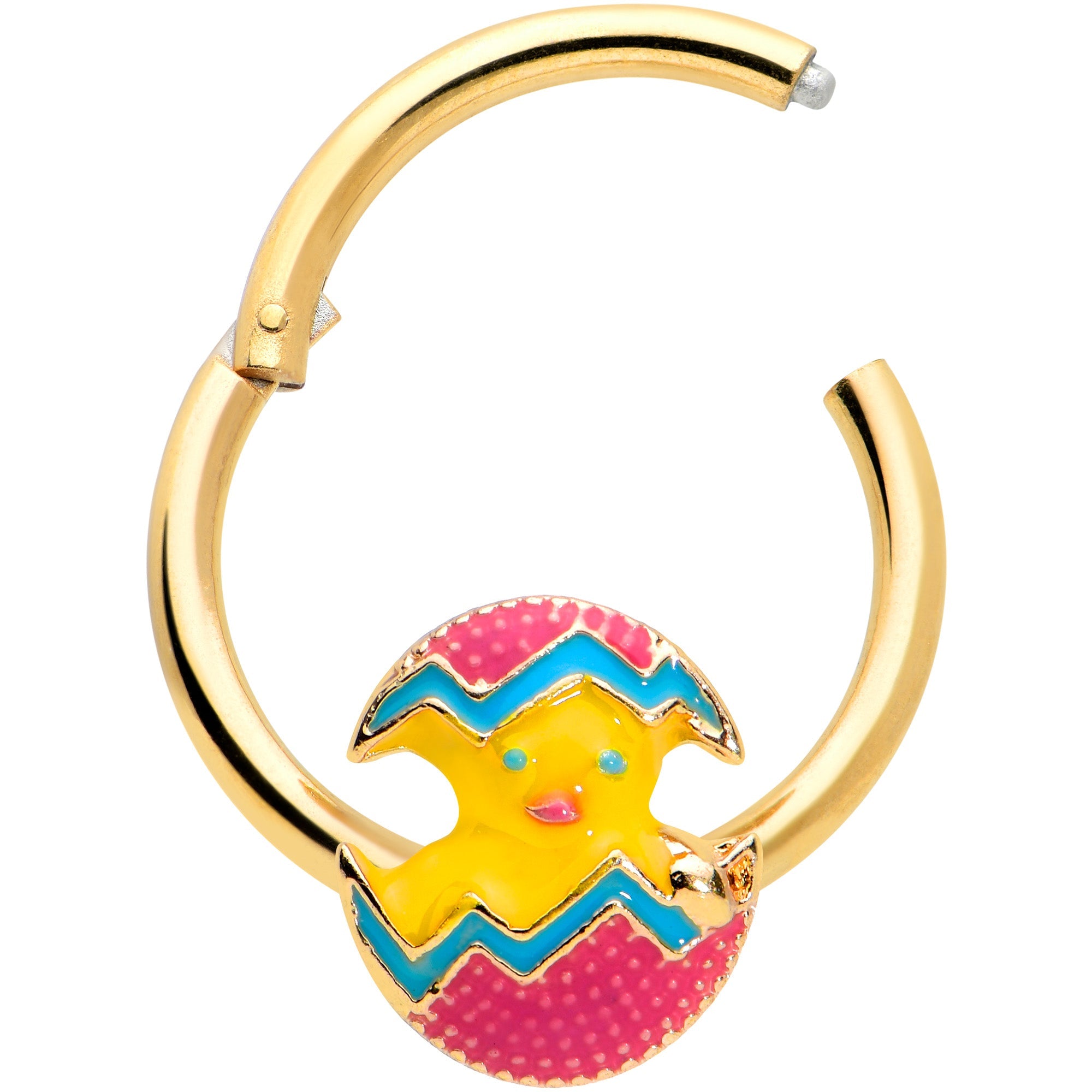 BodyCandy 16G 3/8 Gold Tone Fancy Easter Chick Hinged Segment Ring — detail close-up