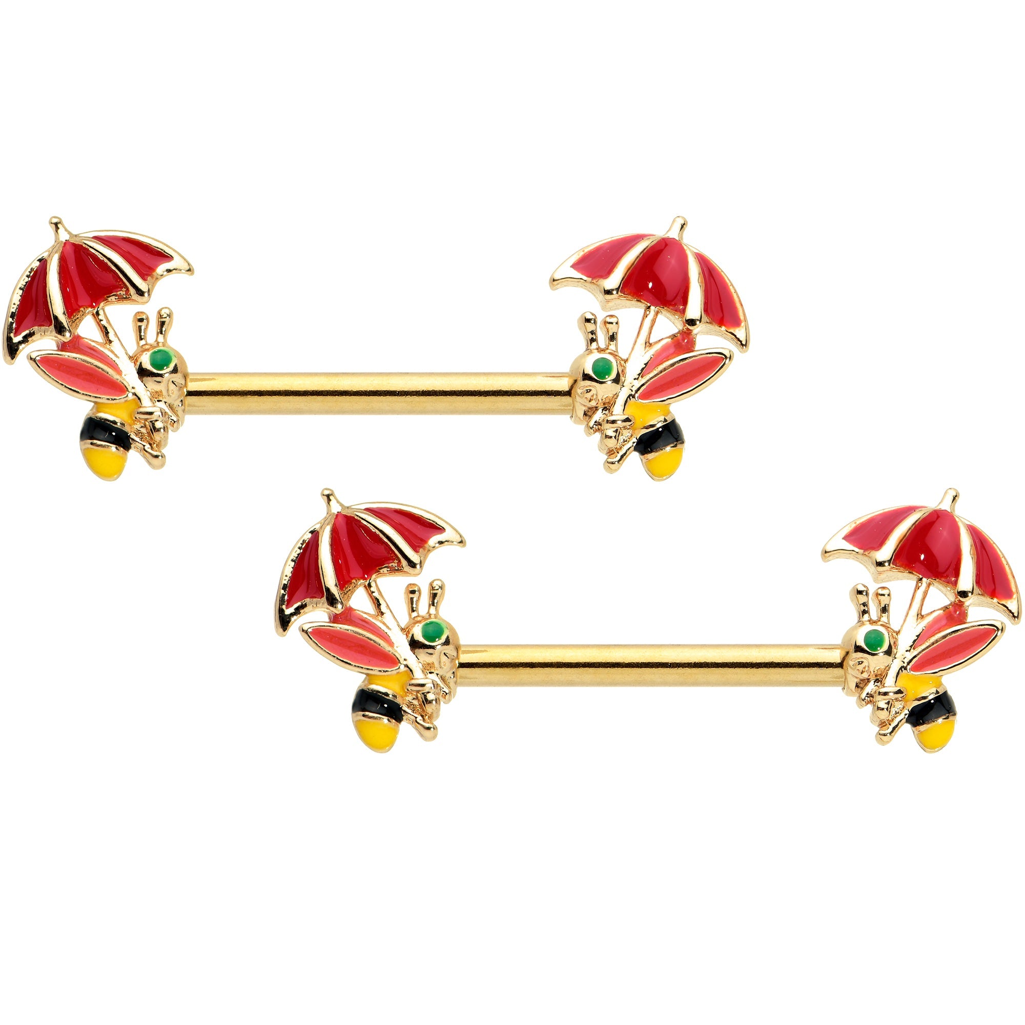 BodyCandy 14G 9/16 Gold Tone Rainy Day Umbrella Bee Barbell Nipple Ring Set — main product shot