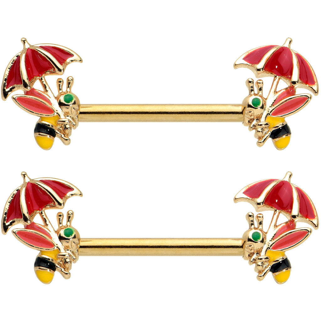 BodyCandy 14G 9/16 Gold Tone Rainy Day Umbrella Bee Barbell Nipple Ring Set — detail close-up