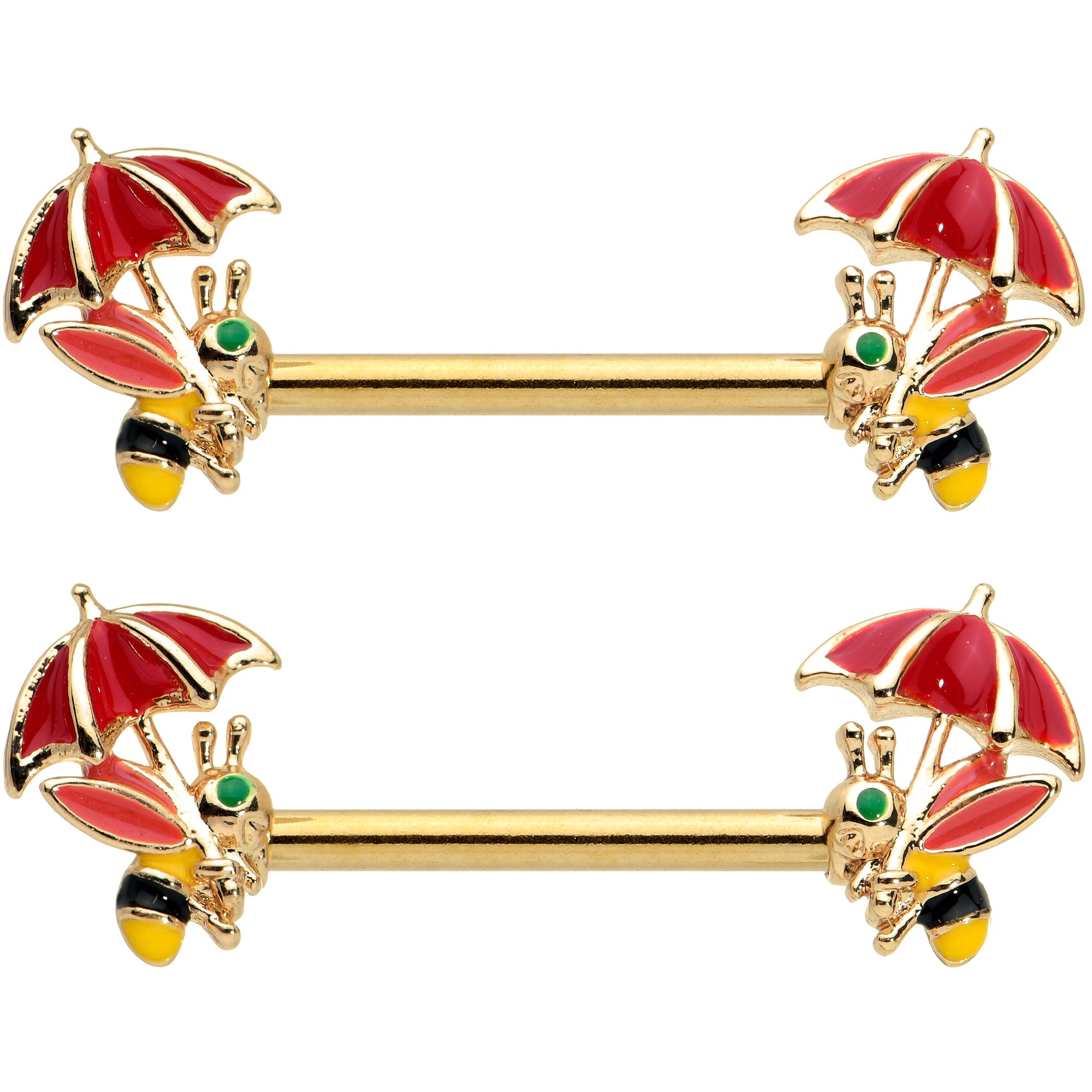 BodyCandy 14G 9/16 Gold Tone Rainy Day Umbrella Bee Barbell Nipple Ring Set — detail close-up