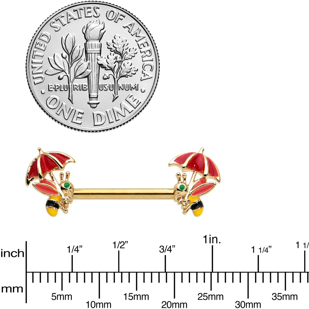 BodyCandy 14G 9/16 Gold Tone Rainy Day Umbrella Bee Barbell Nipple Ring Set — lifestyle context