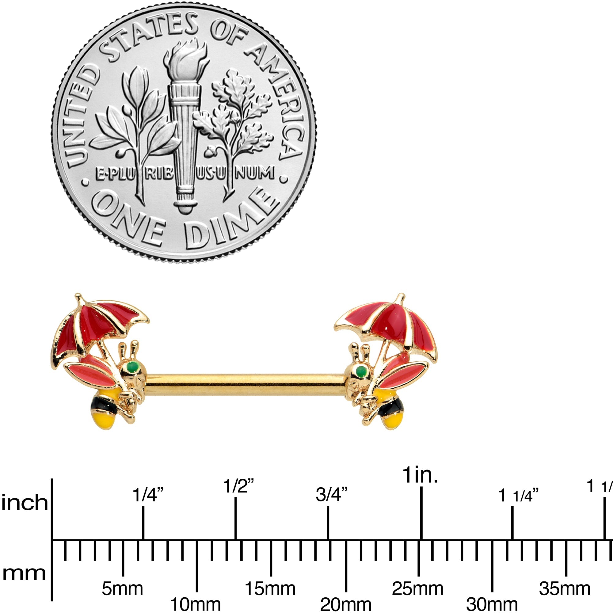 BodyCandy 14G 9/16 Gold Tone Rainy Day Umbrella Bee Barbell Nipple Ring Set — lifestyle context