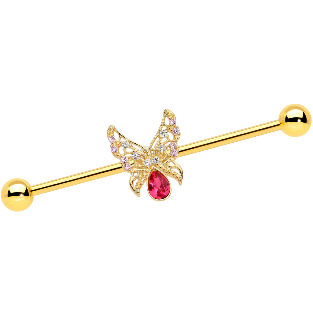 BodyCandy 14G Clear Red Gem Gold Hue Lacy Butterfly Industrial Barbell 38mm — main product shot