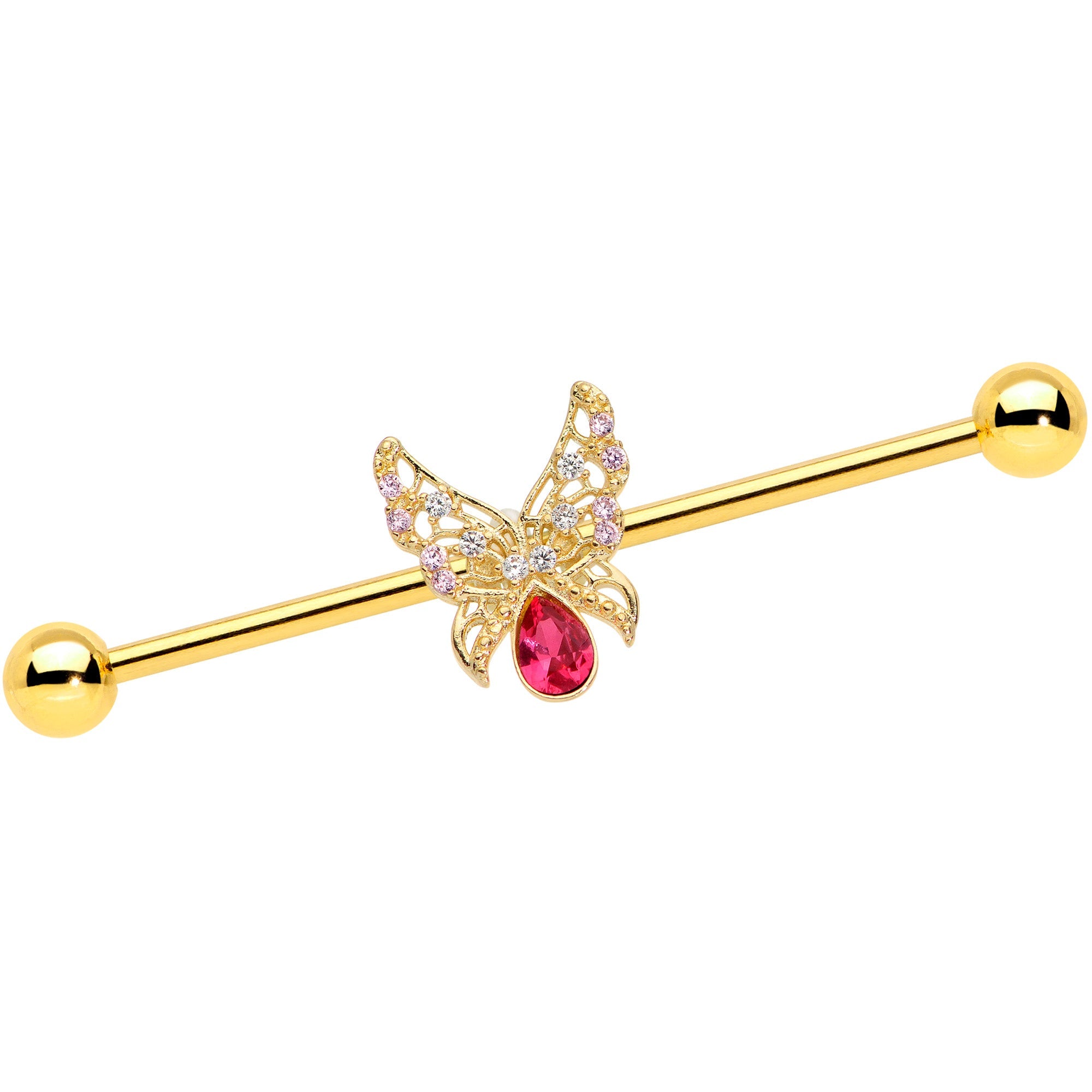 BodyCandy 14G Clear Red Gem Gold Hue Lacy Butterfly Industrial Barbell 38mm — main product shot