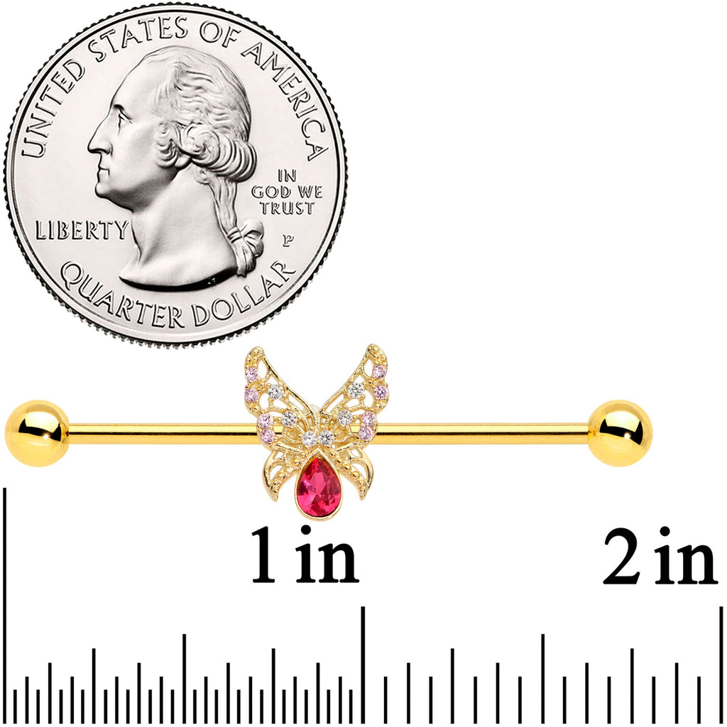 BodyCandy 14G Clear Red Gem Gold Hue Lacy Butterfly Industrial Barbell 38mm — detail close-up