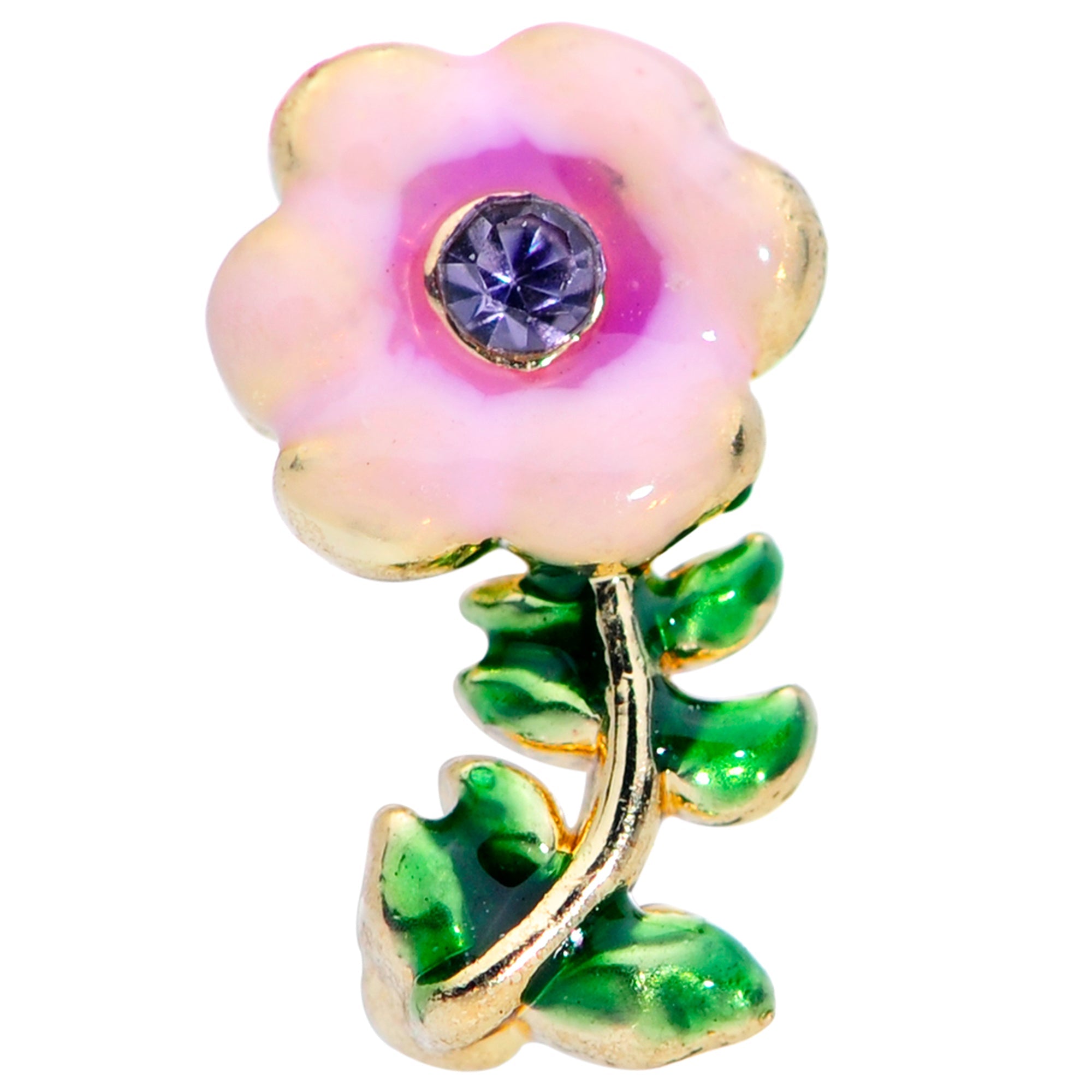 BodyCandy 20G 1/4 Purple CZ Gem Pink Flower Leaves Nose Bone — detail close-up