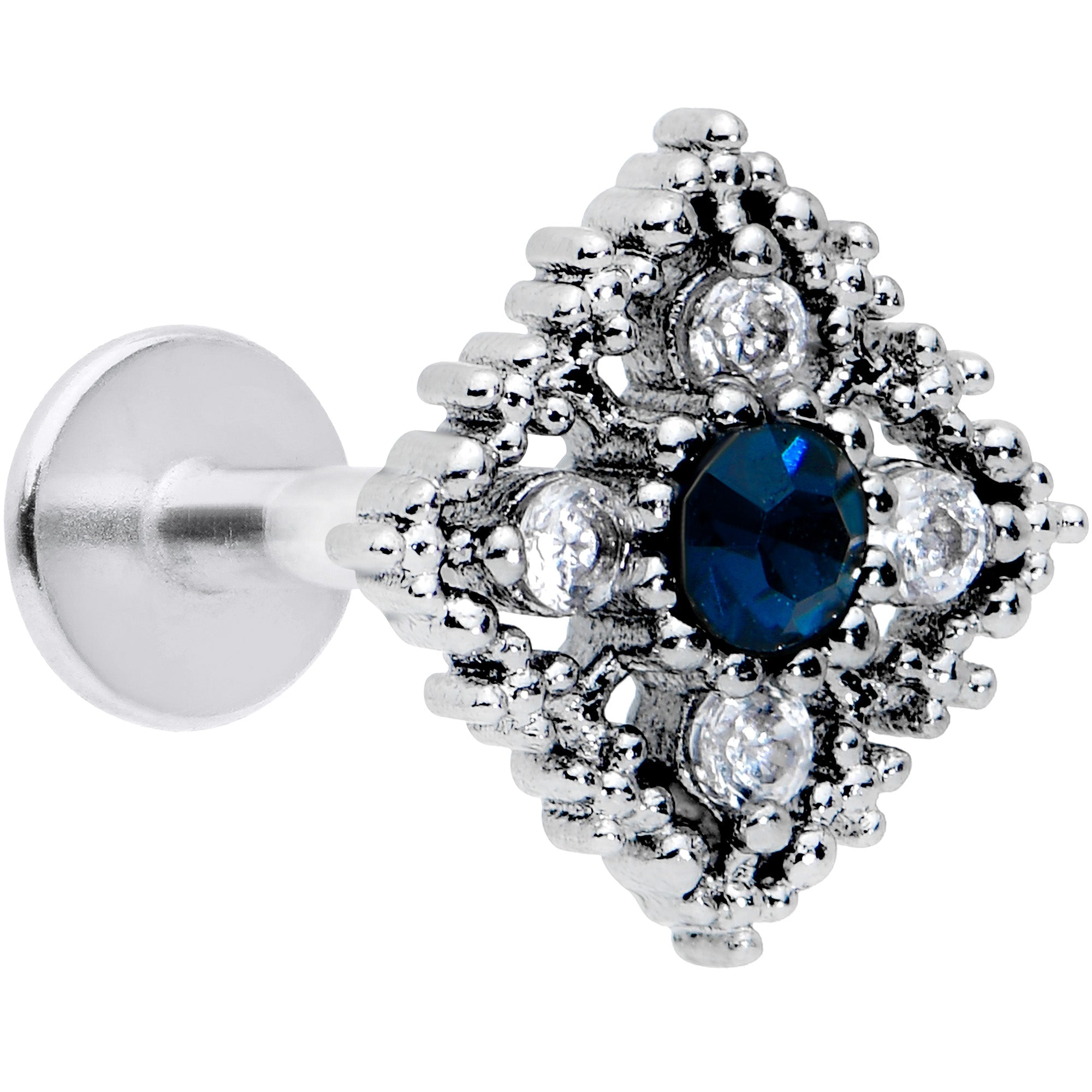BodyCandy 16G 5/16 Blue Gem Textured Rhombus Cross Labret Monroe Tragus — main product shot