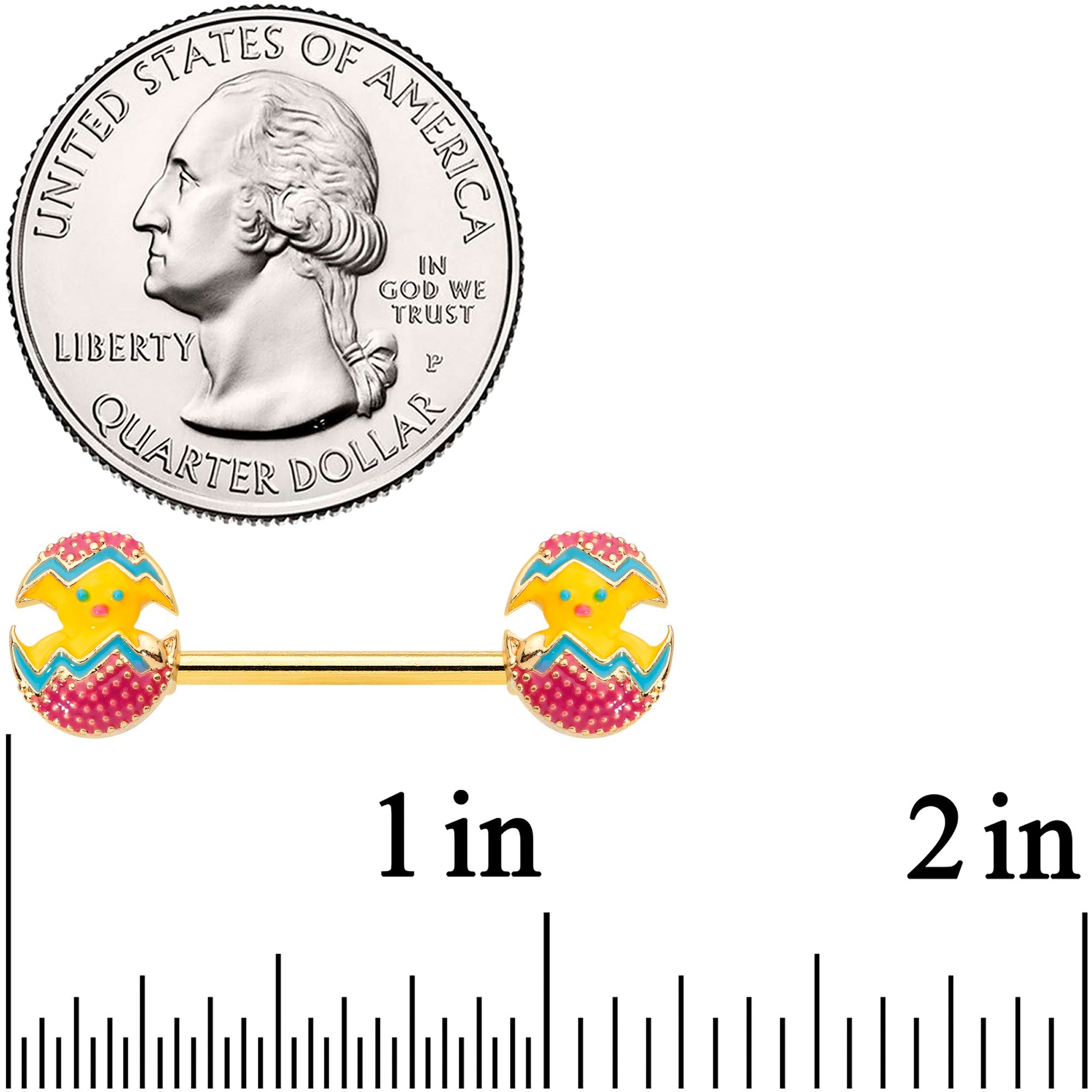 BodyCandy 14G 9/16 Gold Tone Red Fancy Easter Chick Barbell Nipple Ring Set — detail close-up