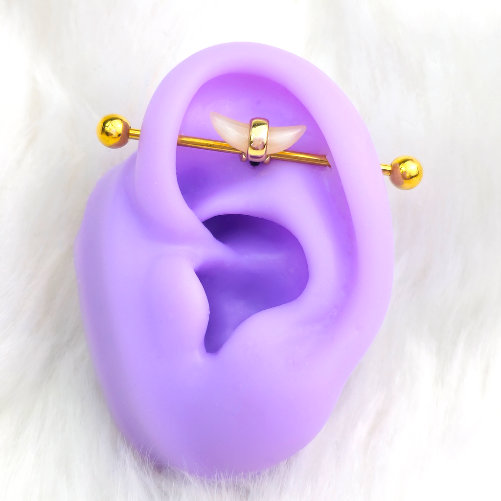 BodyCandy 14G Pink Gem Gold Tone Crescent Industrial Barbell 38mm — detail close-up