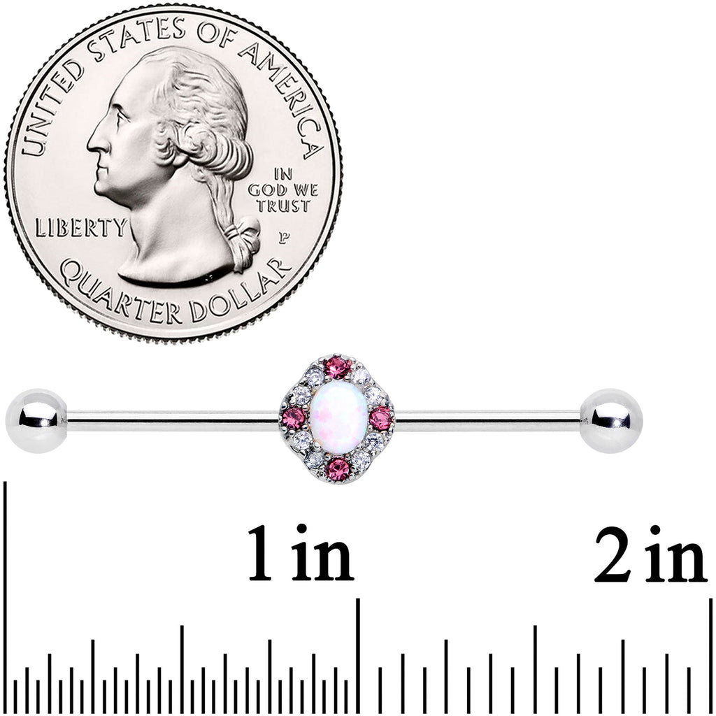 BodyCandy 14G White Synthetic Opal Glam Oval Industrial Barbell 38mm — detail close-up