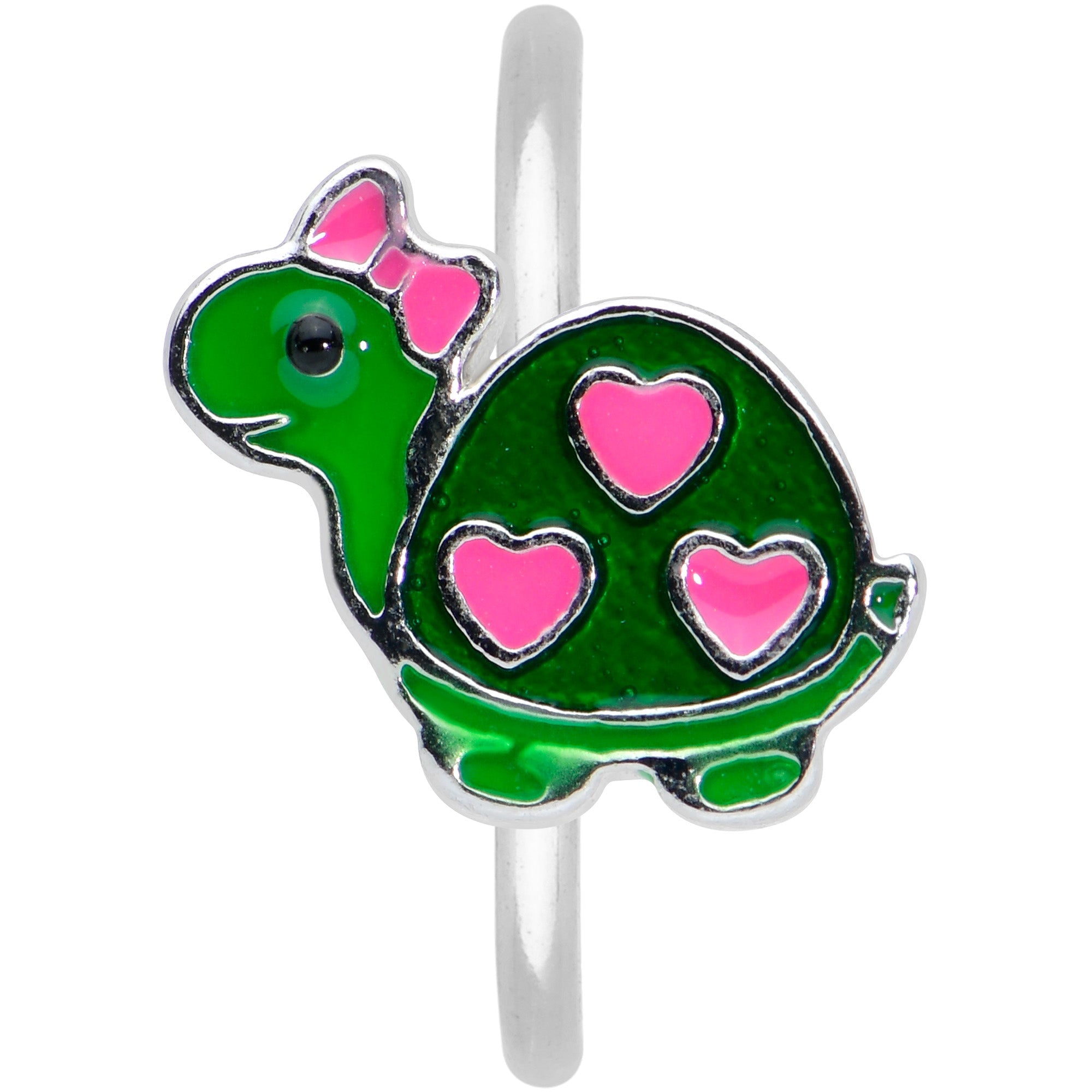 BodyCandy 20G 5/16 Pink Hearts Bow Green Turtle Nose Hoop — detail close-up