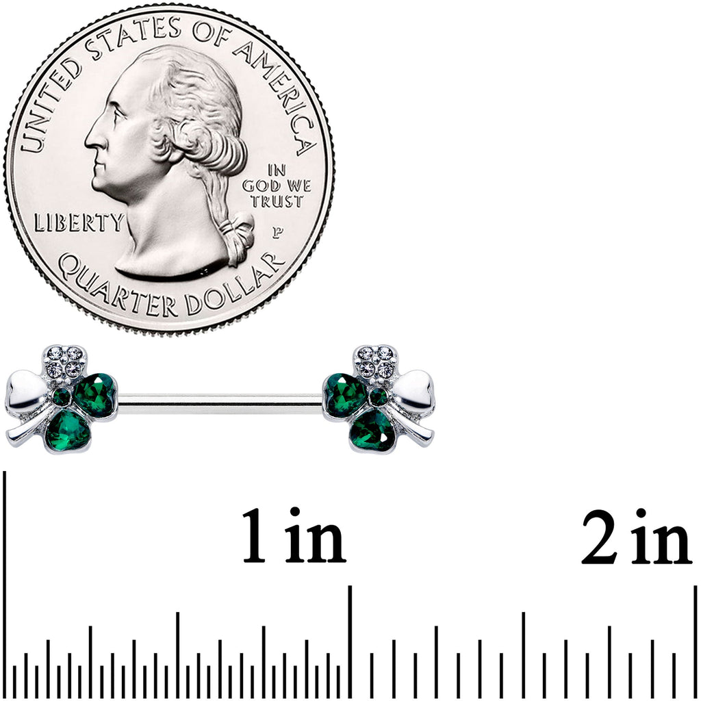 BodyCandy 14G 9/16 Clear Green Gem Shamrock St Patricks Day Nipple Ring Set — detail close-up