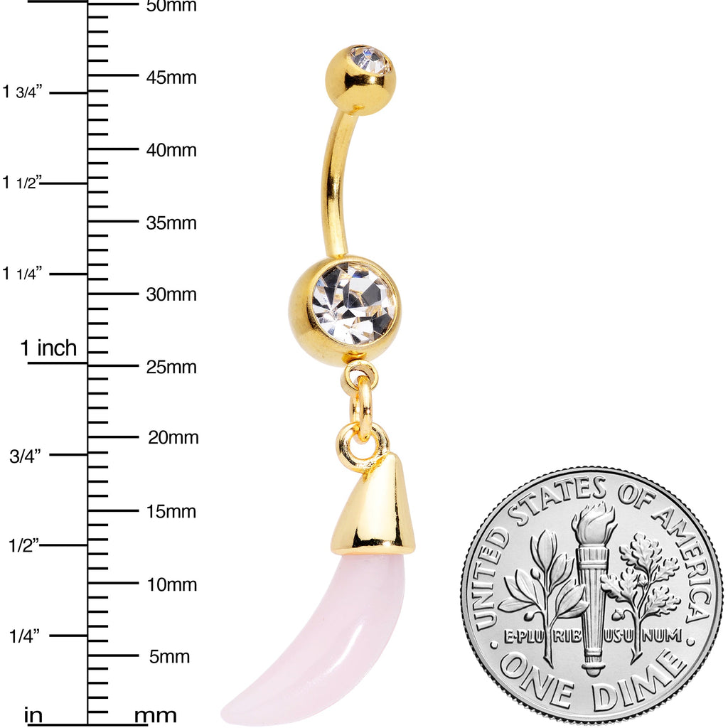BodyCandy Clear Pink Gem Gold Tone Crescent Stone Hippie Dangle Belly Ring — detail close-up