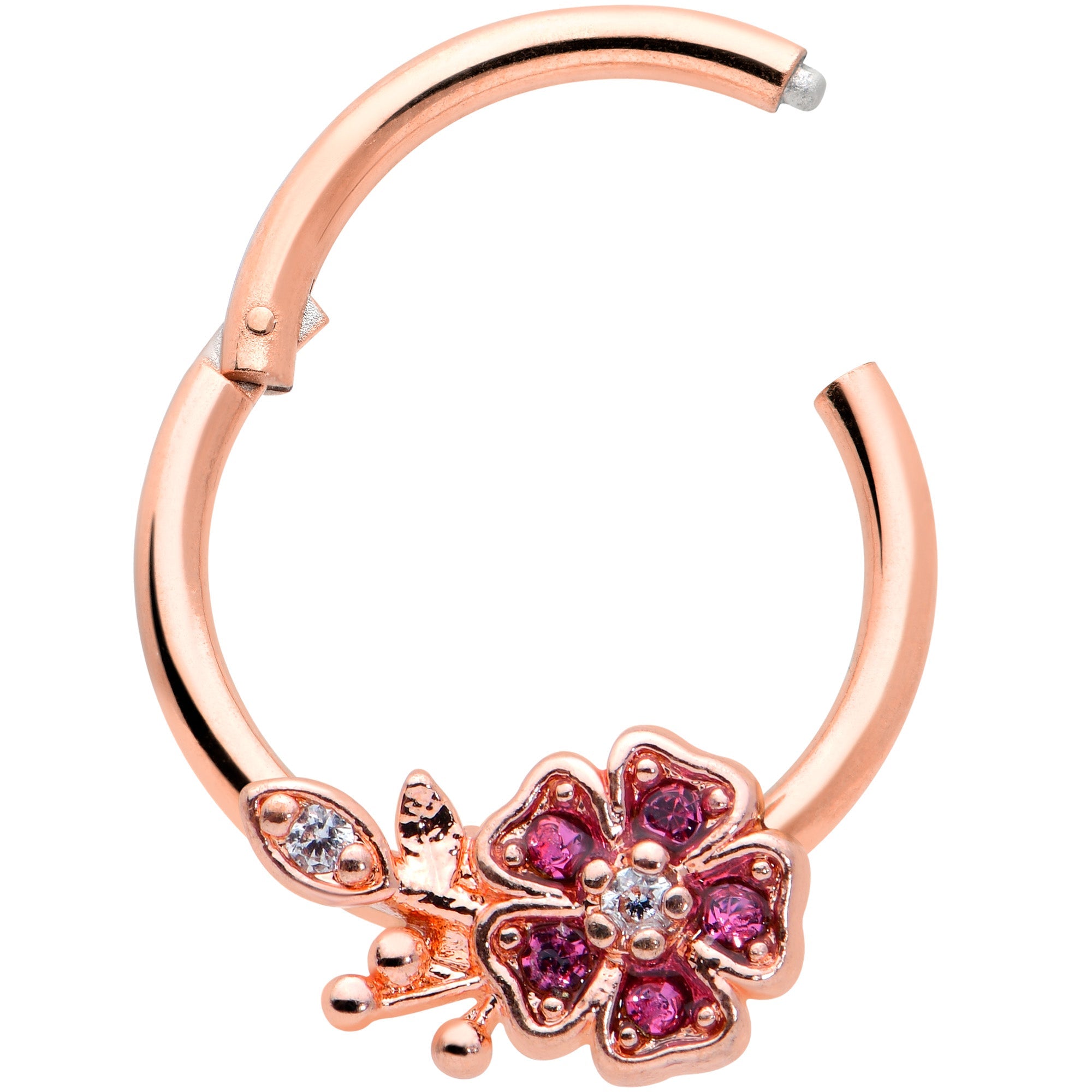 BodyCandy 16G 3/8 Pink Gem Rose Gold Tone Heart Flower Hinged Segment Ring — detail close-up