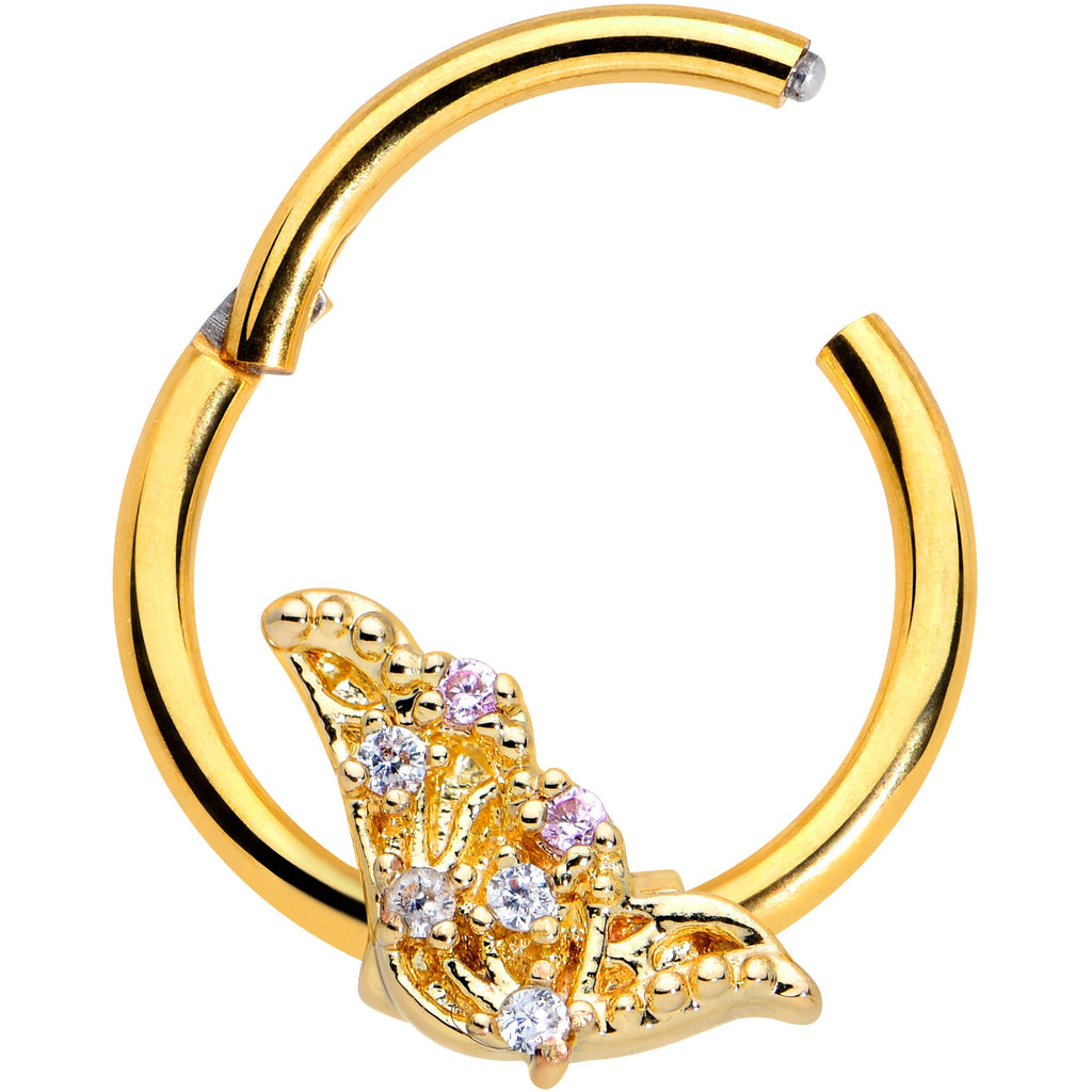 BodyCandy 16G 3/8 Clear CZ Gem Gold Tone Butterfly Hinged Segment Ring — detail close-up