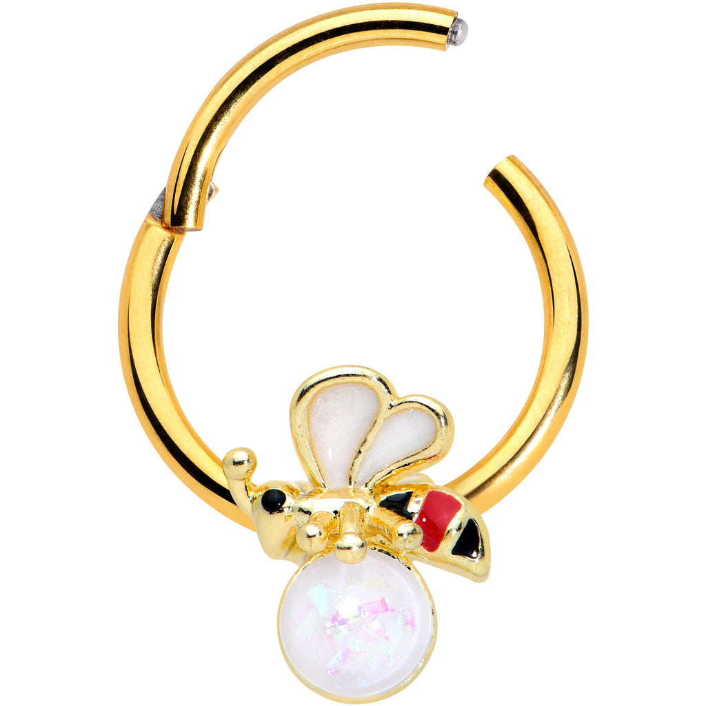 BodyCandy 16G 3/8 White Faux Opal Gold Tone Insect Hinged Segment Ring — detail close-up