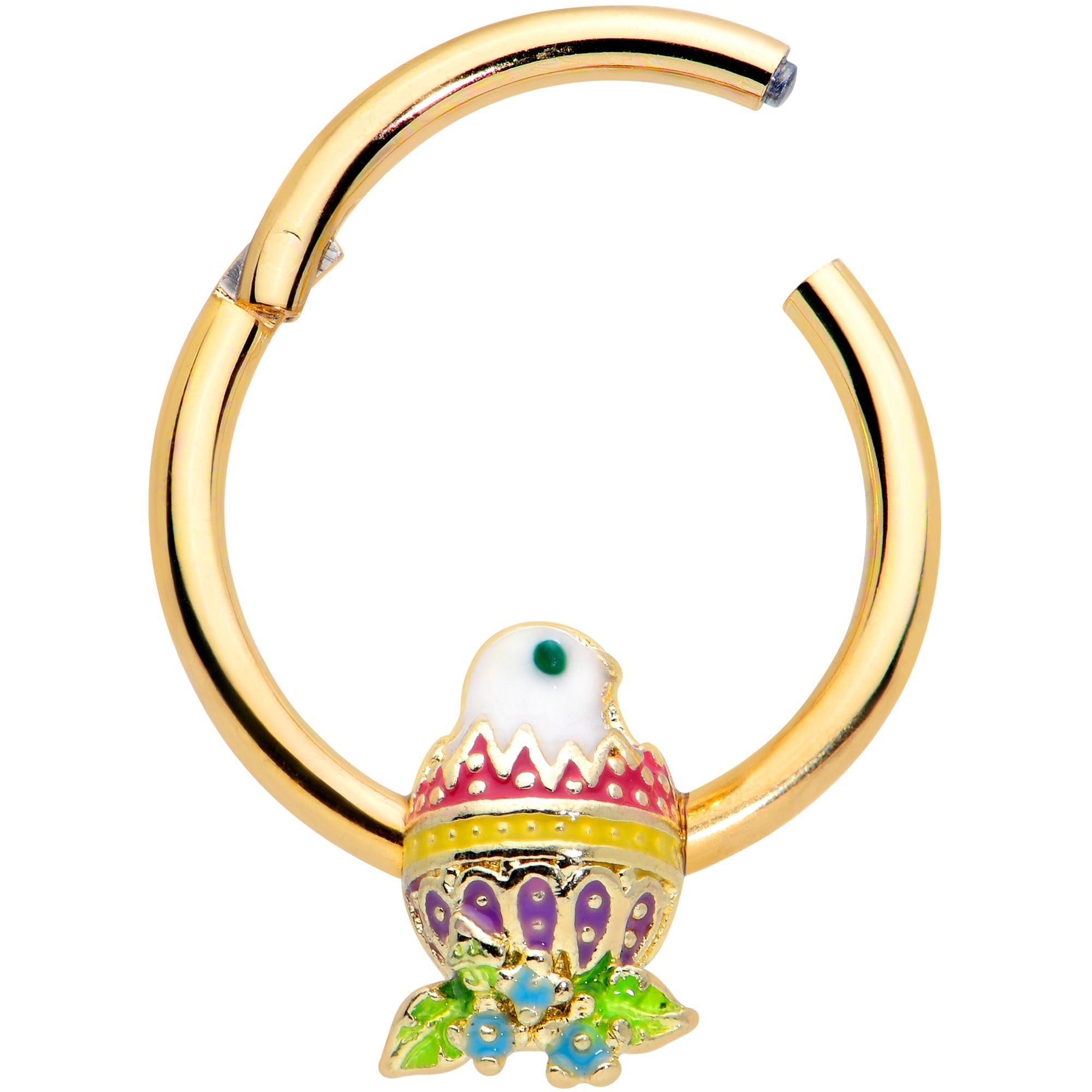 BodyCandy 16G 3/8 Gold Tone Hatched Chick Easter Egg Hinged Segment Ring — detail close-up