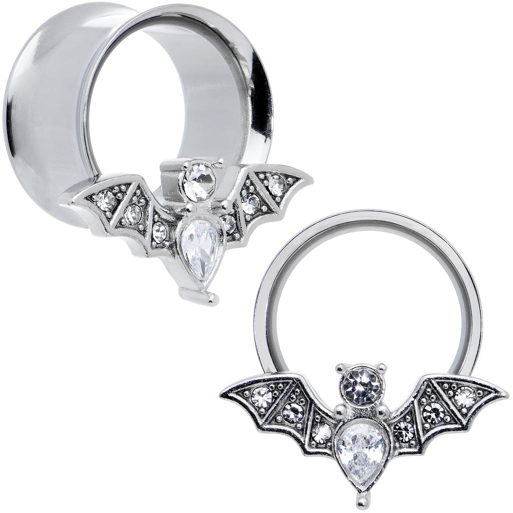 BodyCandy Clear Gem Bat Halloween Double Flare Tunnel Plug Set — in-use photo