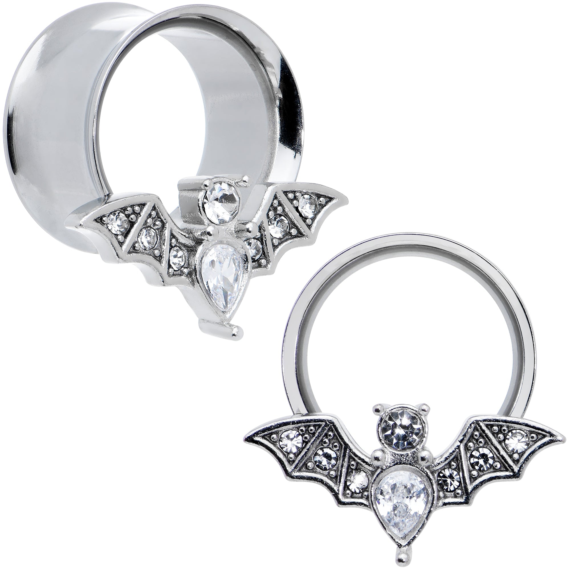 BodyCandy Clear Gem Bat Halloween Double Flare Tunnel Plug Set — in-use photo