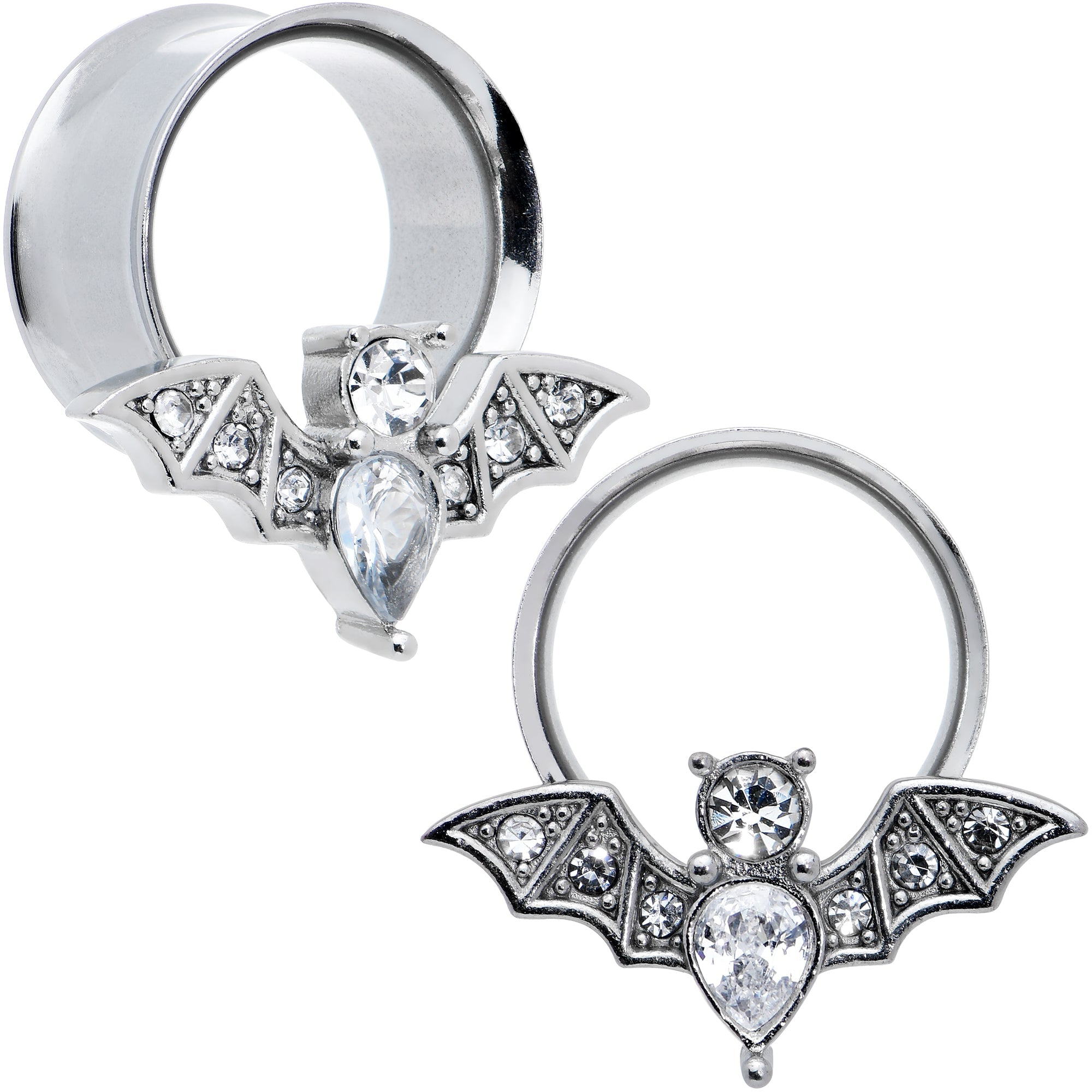 BodyCandy Clear Gem Bat Halloween Double Flare Tunnel Plug Set — size reference