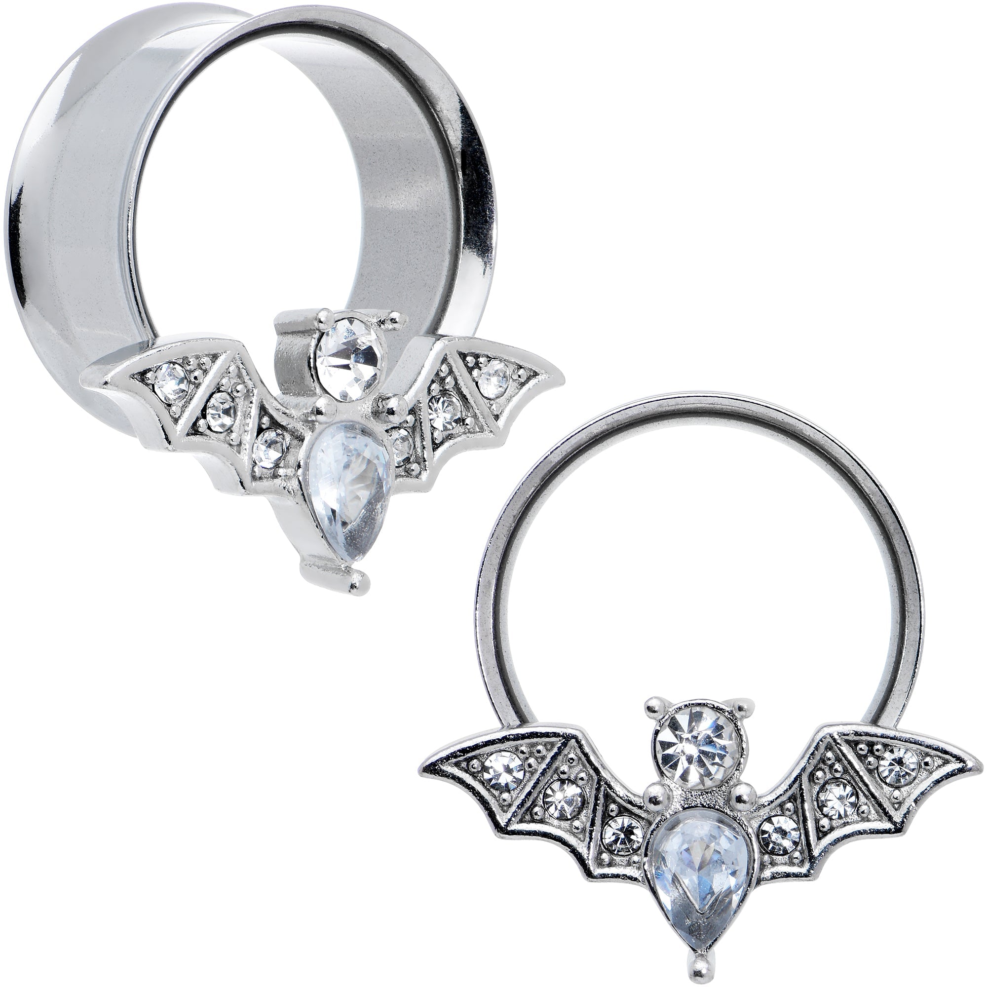 BodyCandy Clear Gem Bat Halloween Double Flare Tunnel Plug Set — color detail