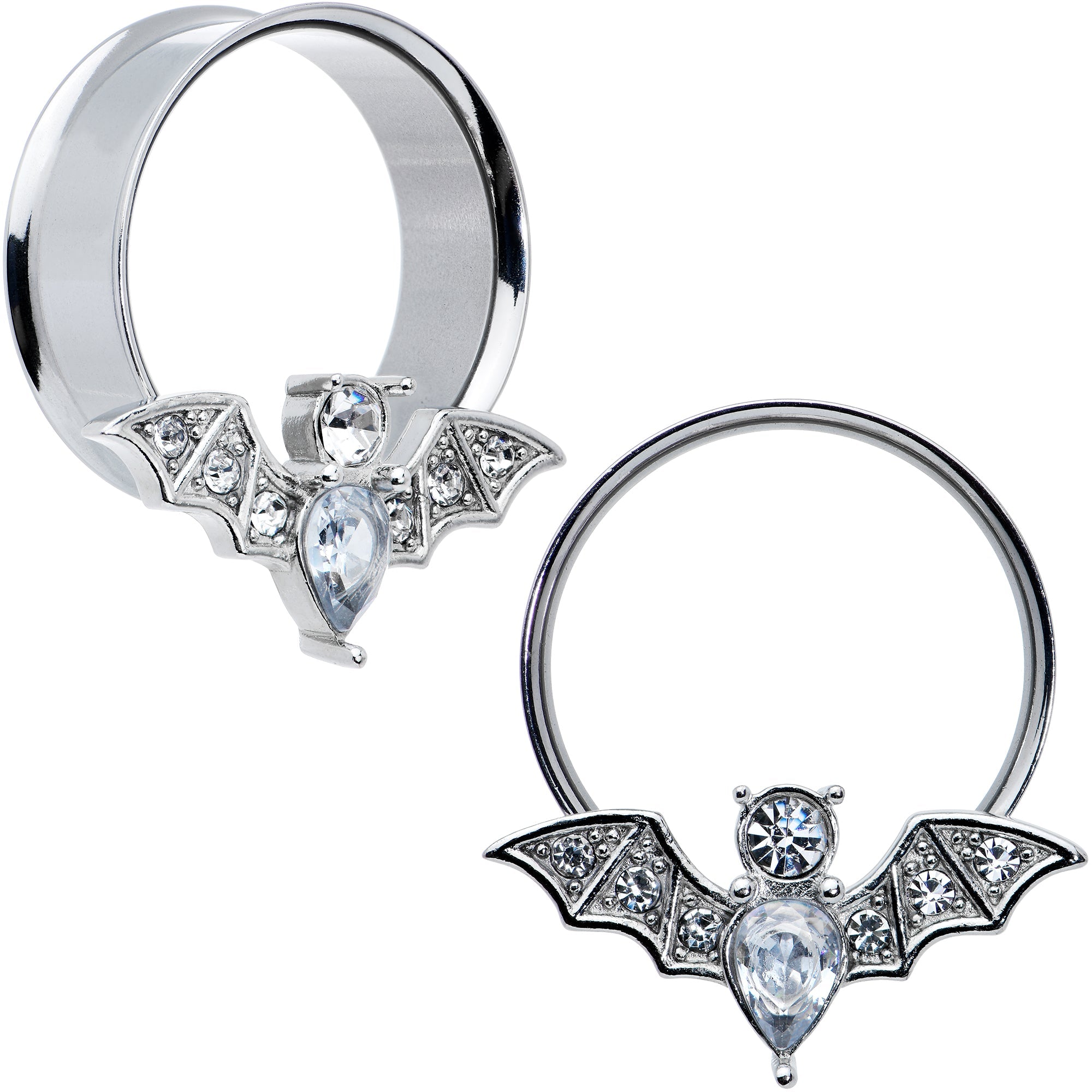 BodyCandy Clear Gem Bat Halloween Double Flare Tunnel Plug Set — feature highlight