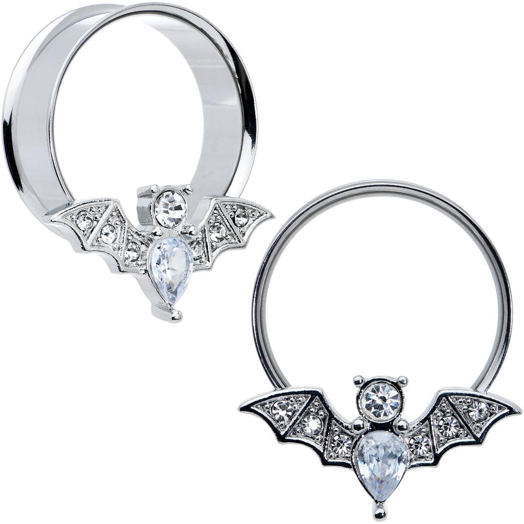 BodyCandy Clear Gem Bat Halloween Double Flare Tunnel Plug Set — product on model