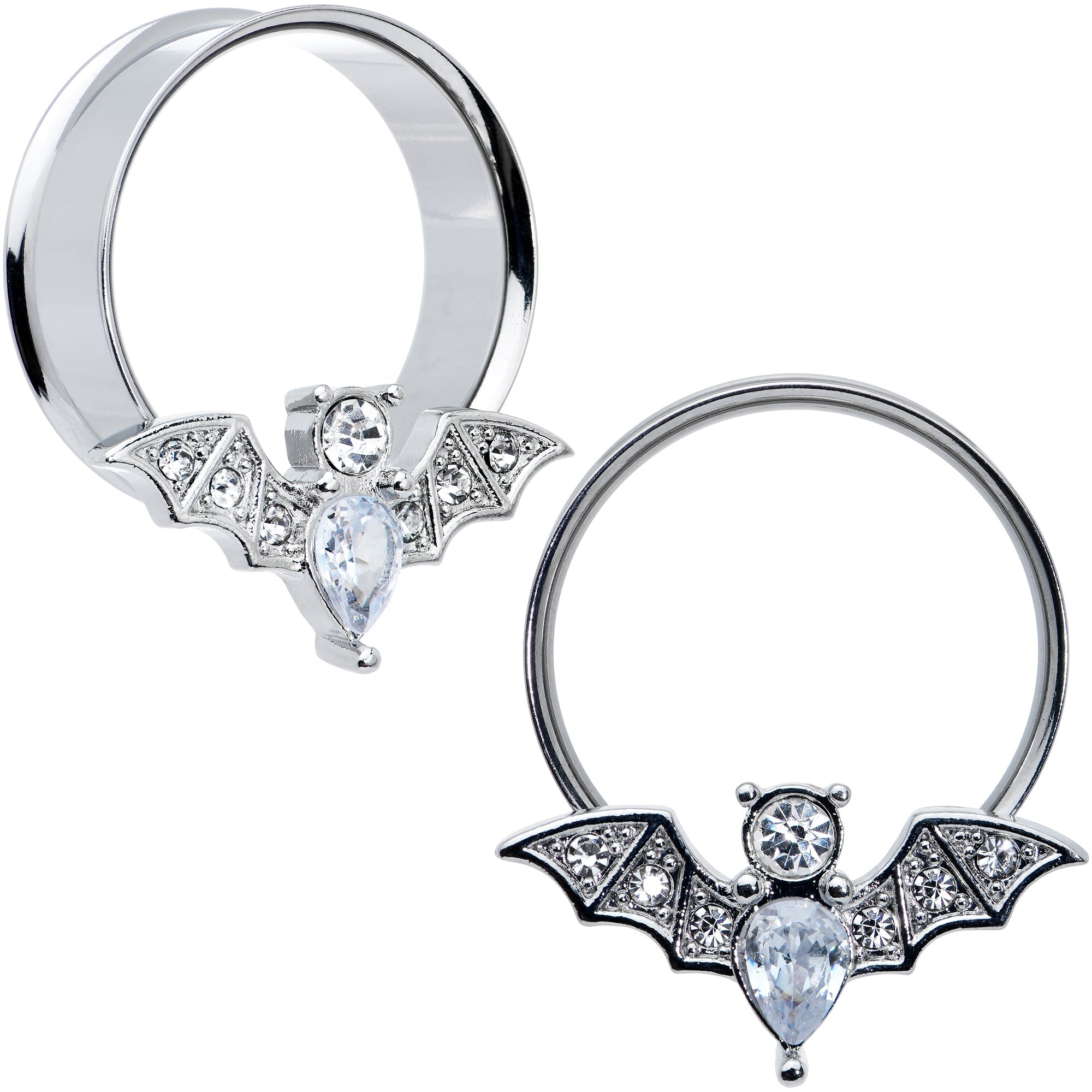 BodyCandy Clear Gem Bat Halloween Double Flare Tunnel Plug Set — product on model
