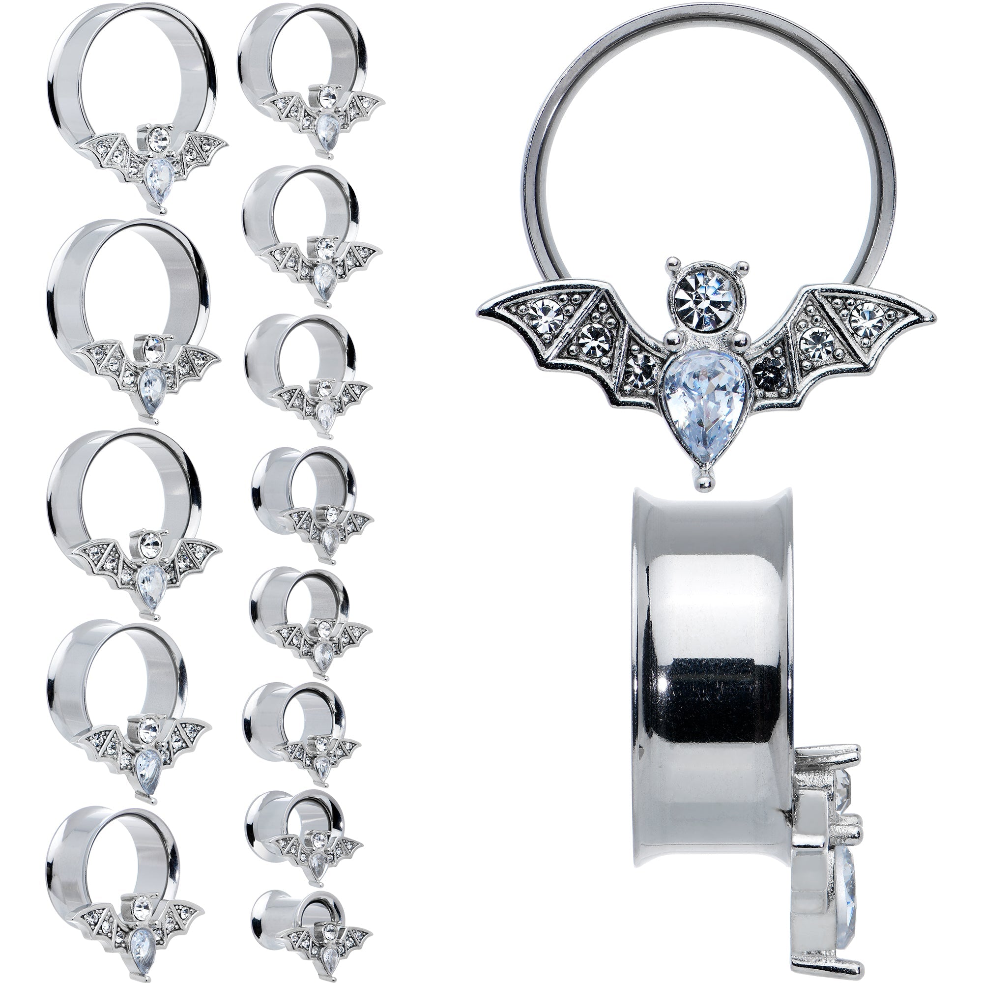 BodyCandy Clear Gem Bat Halloween Double Flare Tunnel Plug Set — main product shot