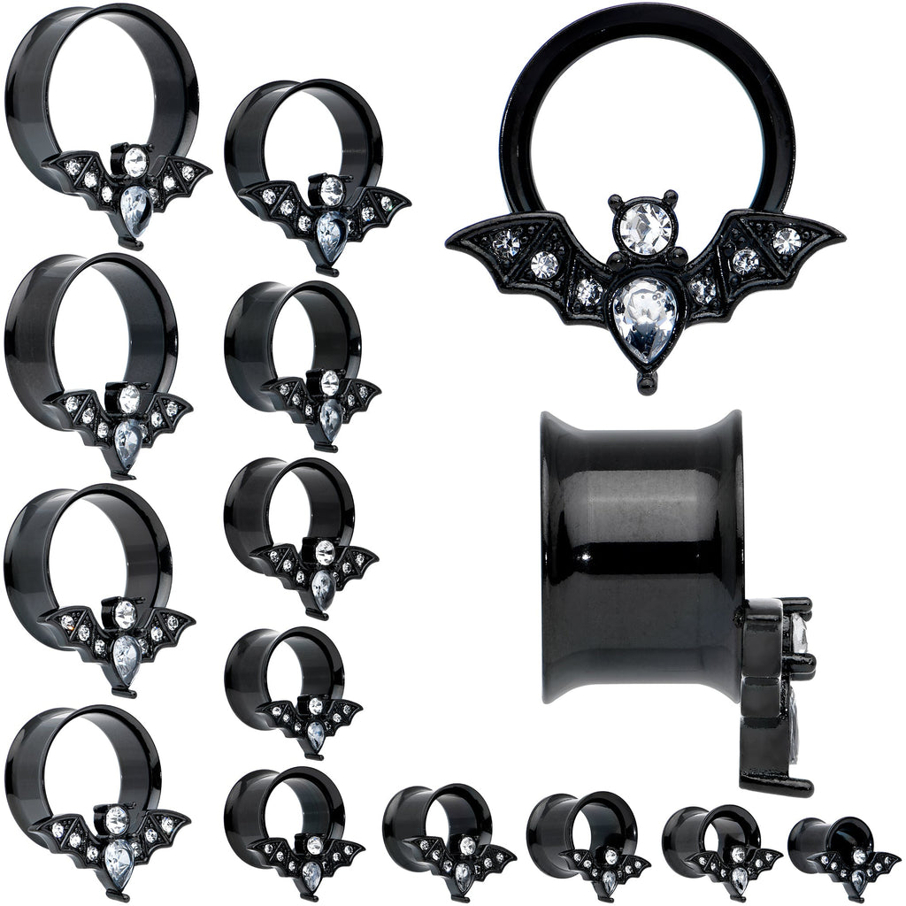 BodyCandy Clear Gem Black Bat Halloween Double Flare Tunnel Plug Set — main product shot