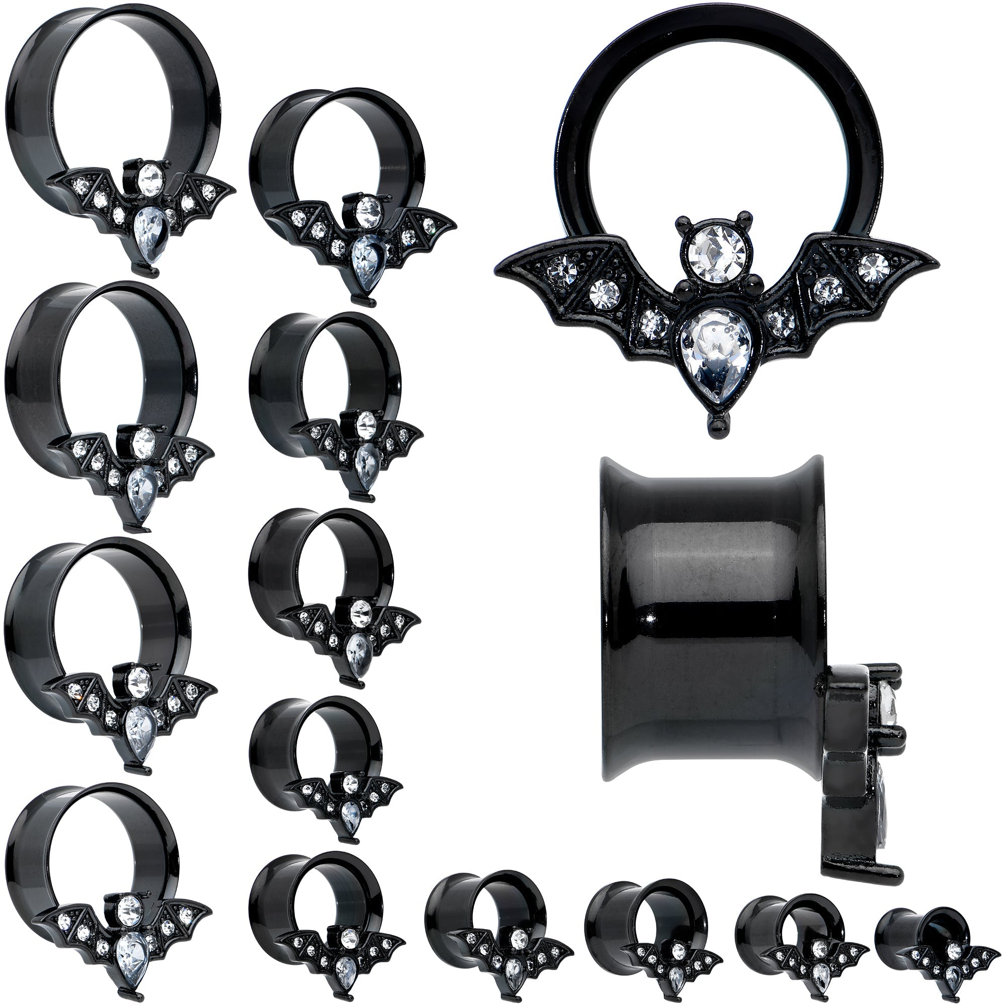 BodyCandy Clear Gem Black Bat Halloween Double Flare Tunnel Plug Set — main product shot