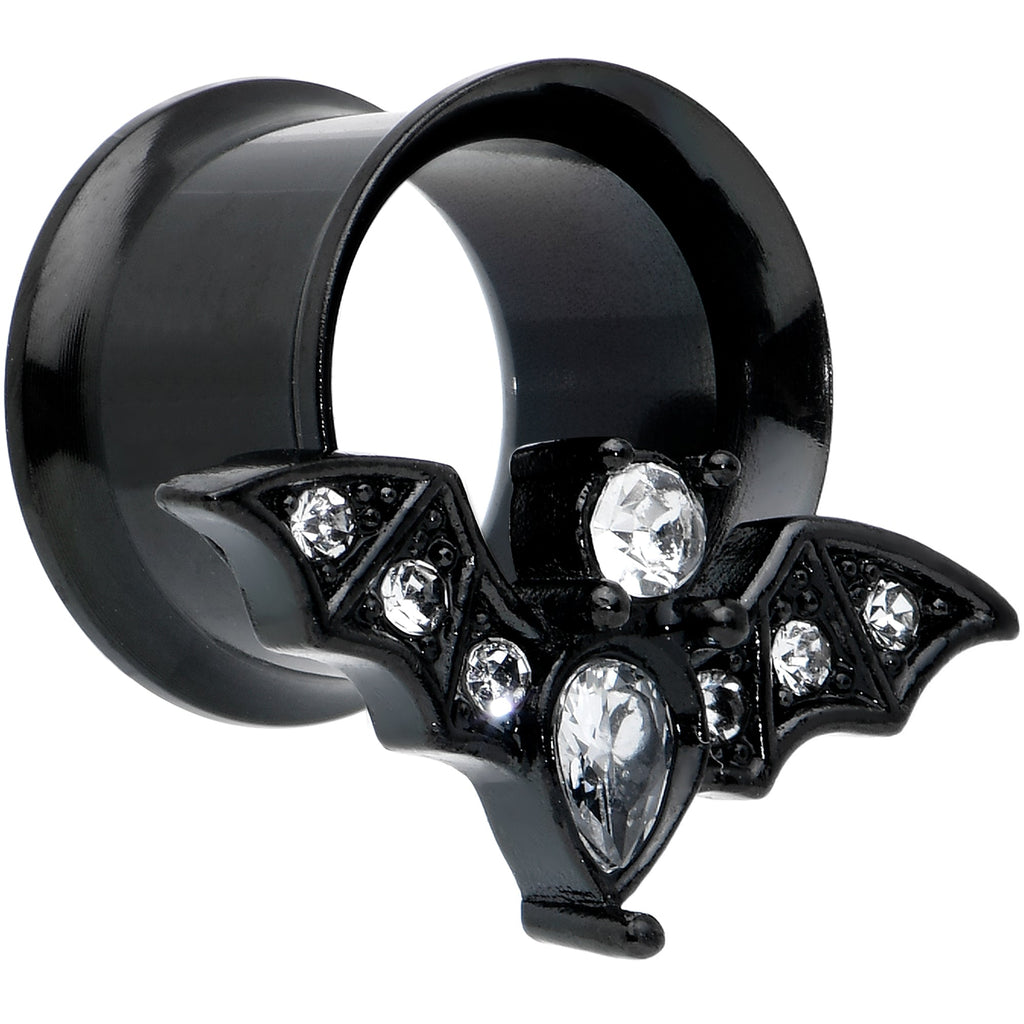 BodyCandy Clear Gem Black Bat Halloween Double Flare Tunnel Plug Set — detail close-up