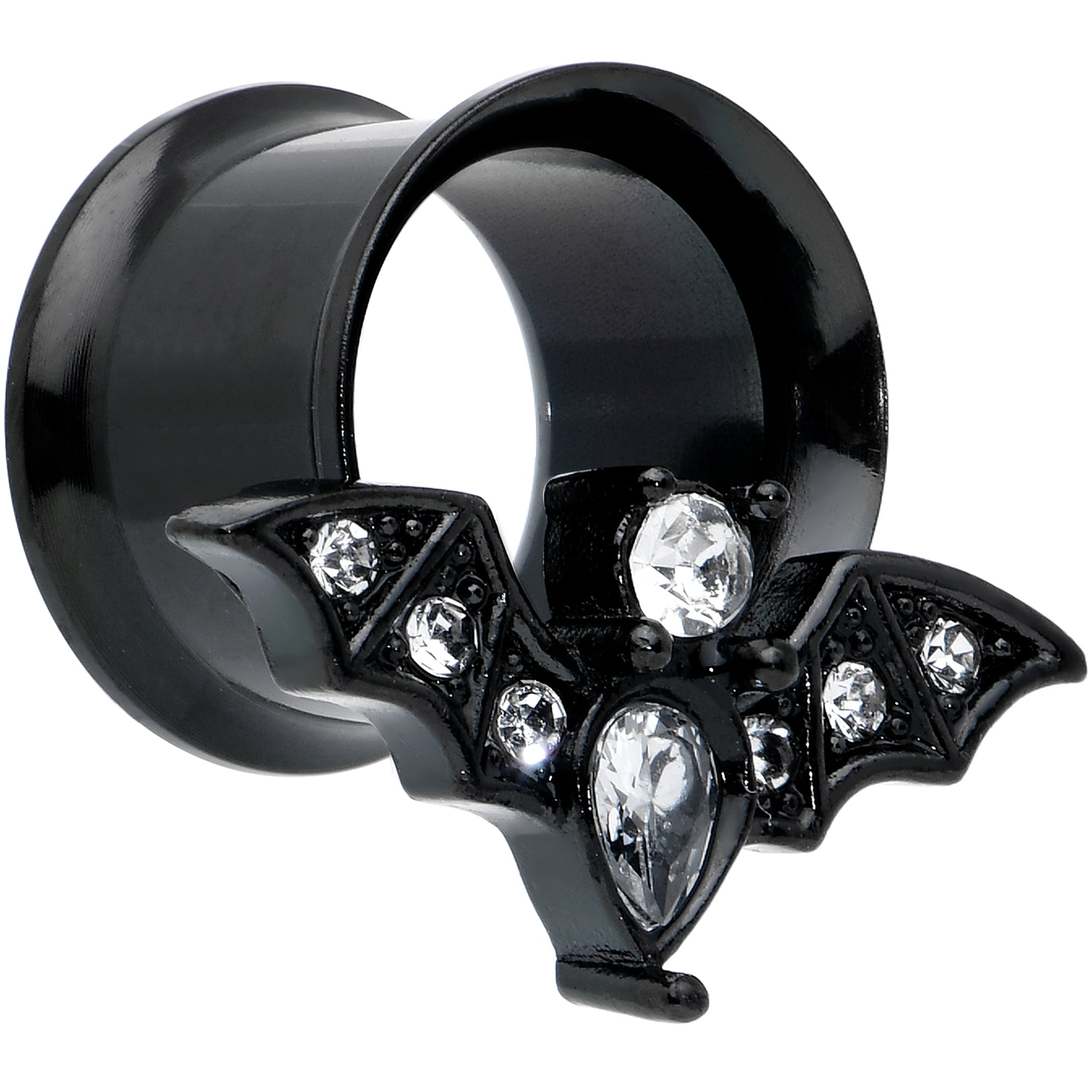 BodyCandy Clear Gem Black Bat Halloween Double Flare Tunnel Plug Set — detail close-up