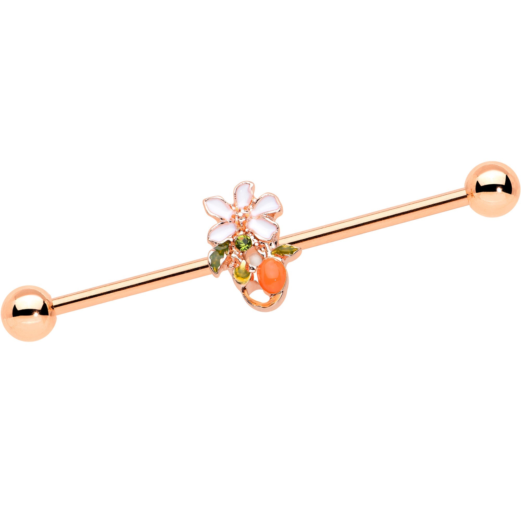 BodyCandy 14G Green Gem Rose Gold Hue Orange Flower Industrial Barbell 38mm — main product shot