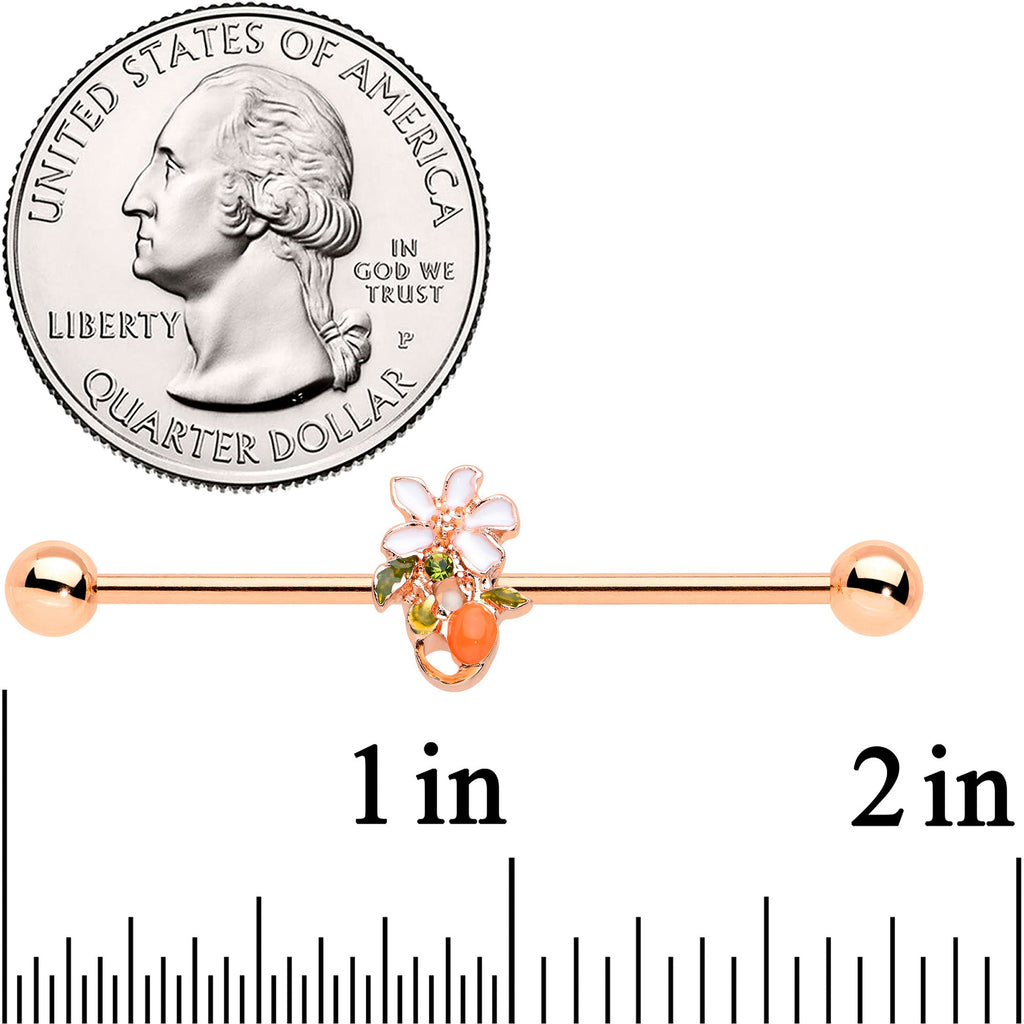 BodyCandy 14G Green Gem Rose Gold Hue Orange Flower Industrial Barbell 38mm — detail close-up