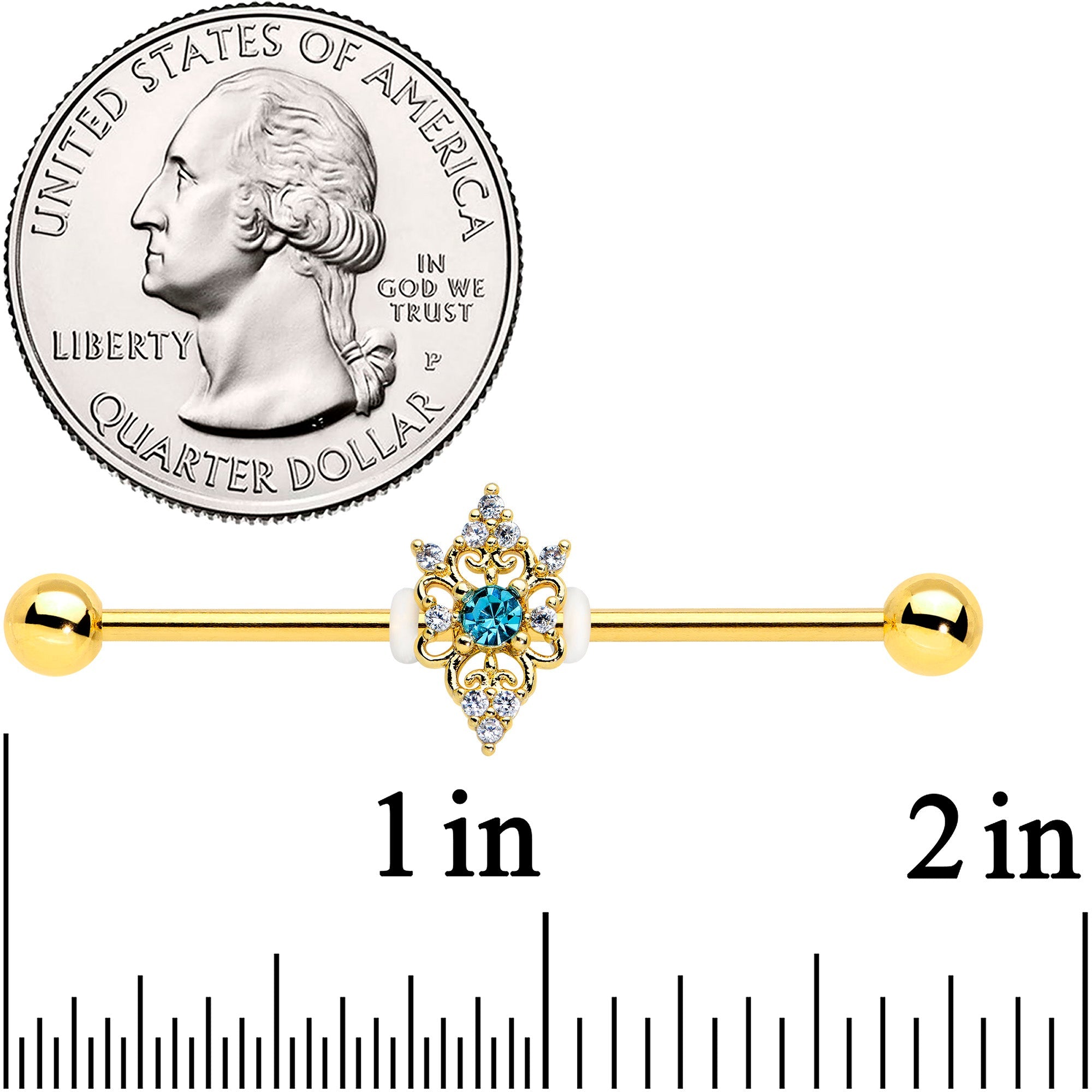 BodyCandy 14G Clear Blue Gem Gold Tone Royal Heart Industrial barbell 38mm — detail close-up