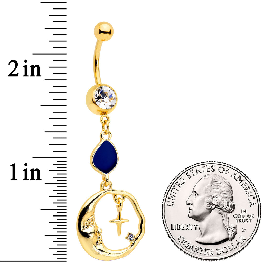 BodyCandy Clear Gem Gold Tone Blue Drop Moon Dangle Belly Ring — detail close-up