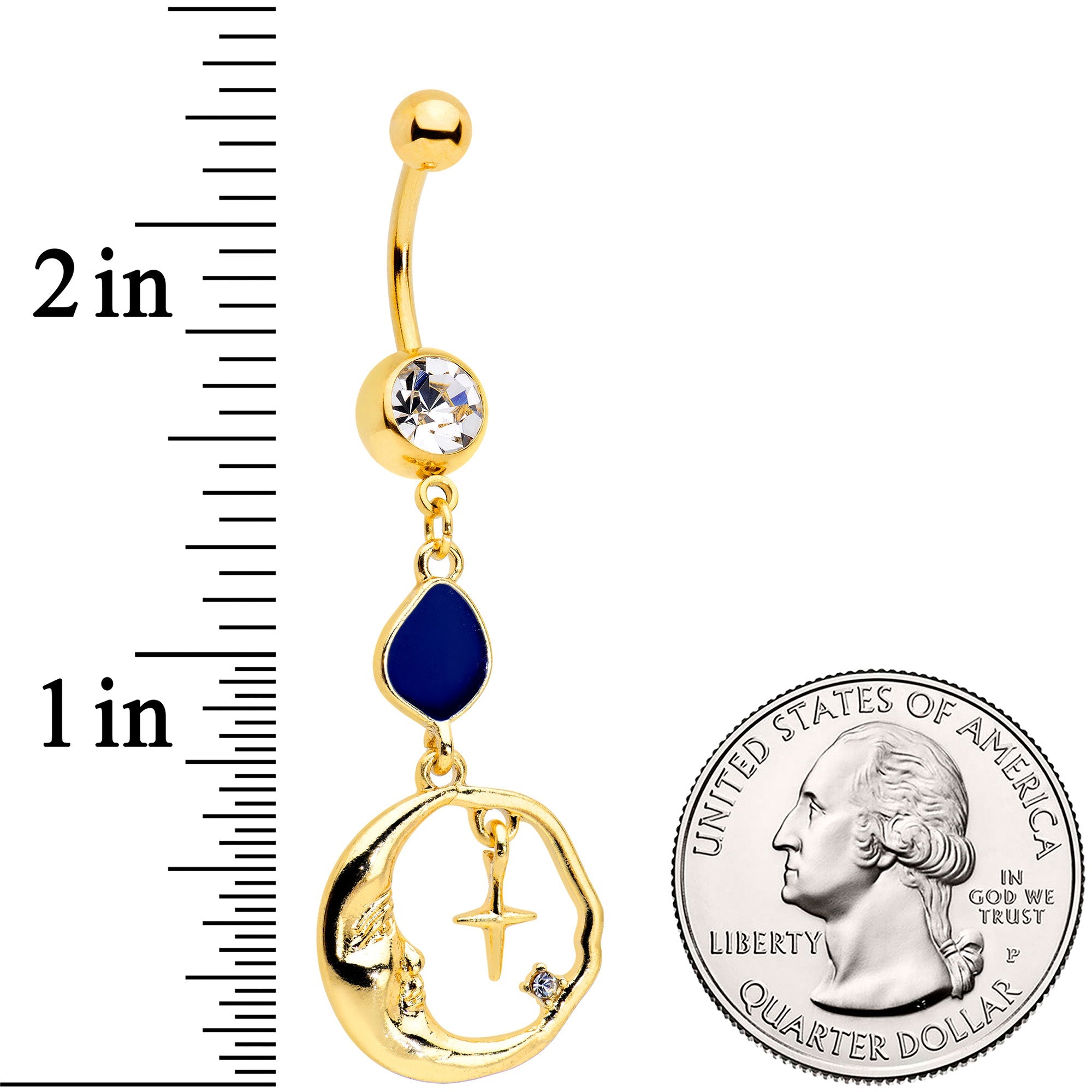 BodyCandy Clear Gem Gold Tone Blue Drop Moon Dangle Belly Ring — detail close-up