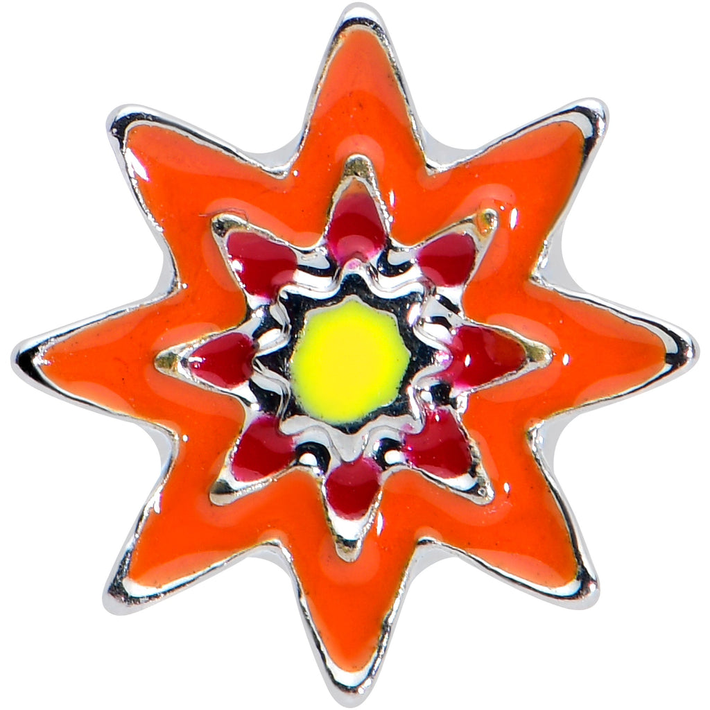 BodyCandy 16G 5/16 Red Orange Yellow Fanciful Flower Labret Monroe Tragus — detail close-up