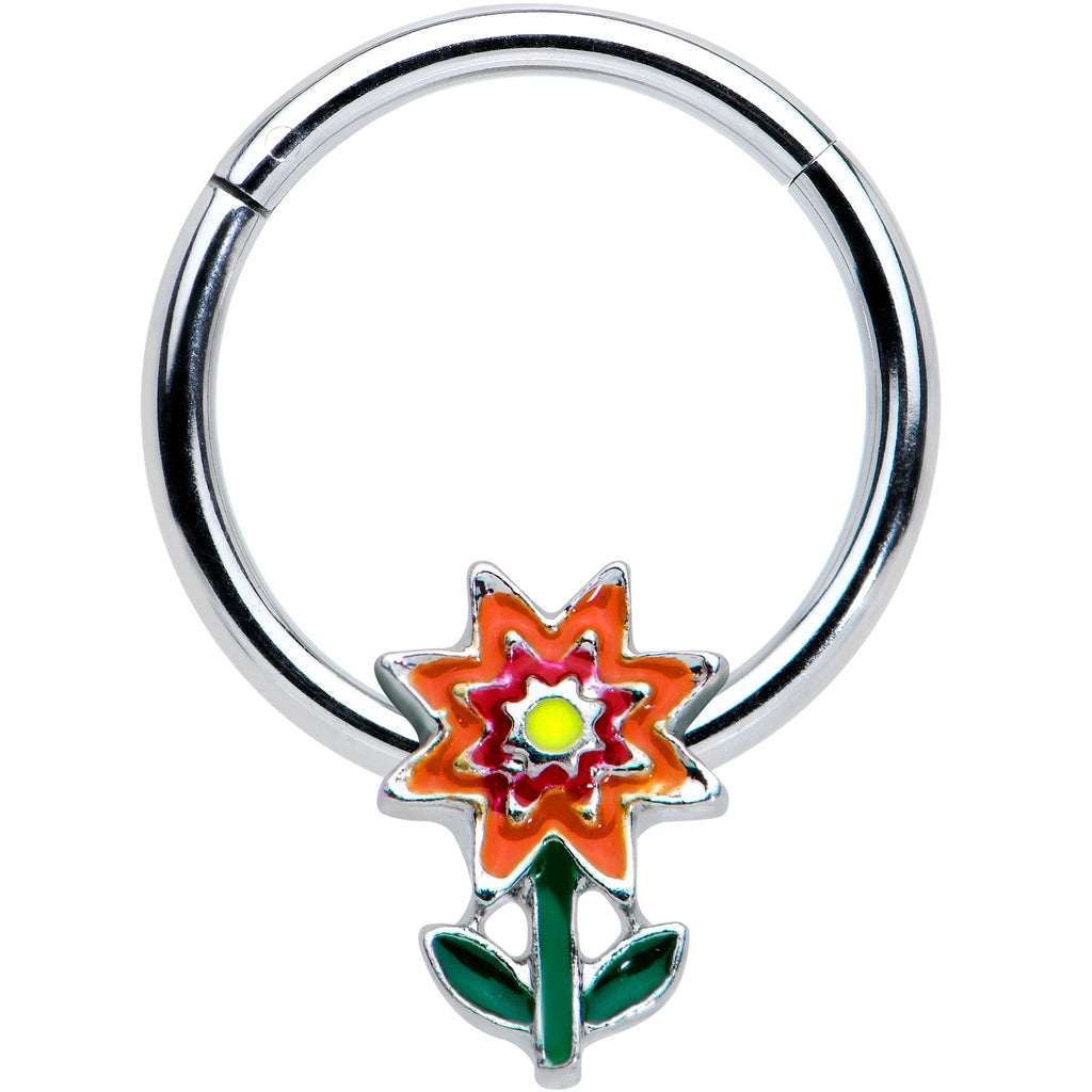 BodyCandy 16G 3/8 Red Orange Yellow Fanciful Flower Hinged Segment Ring — main product shot