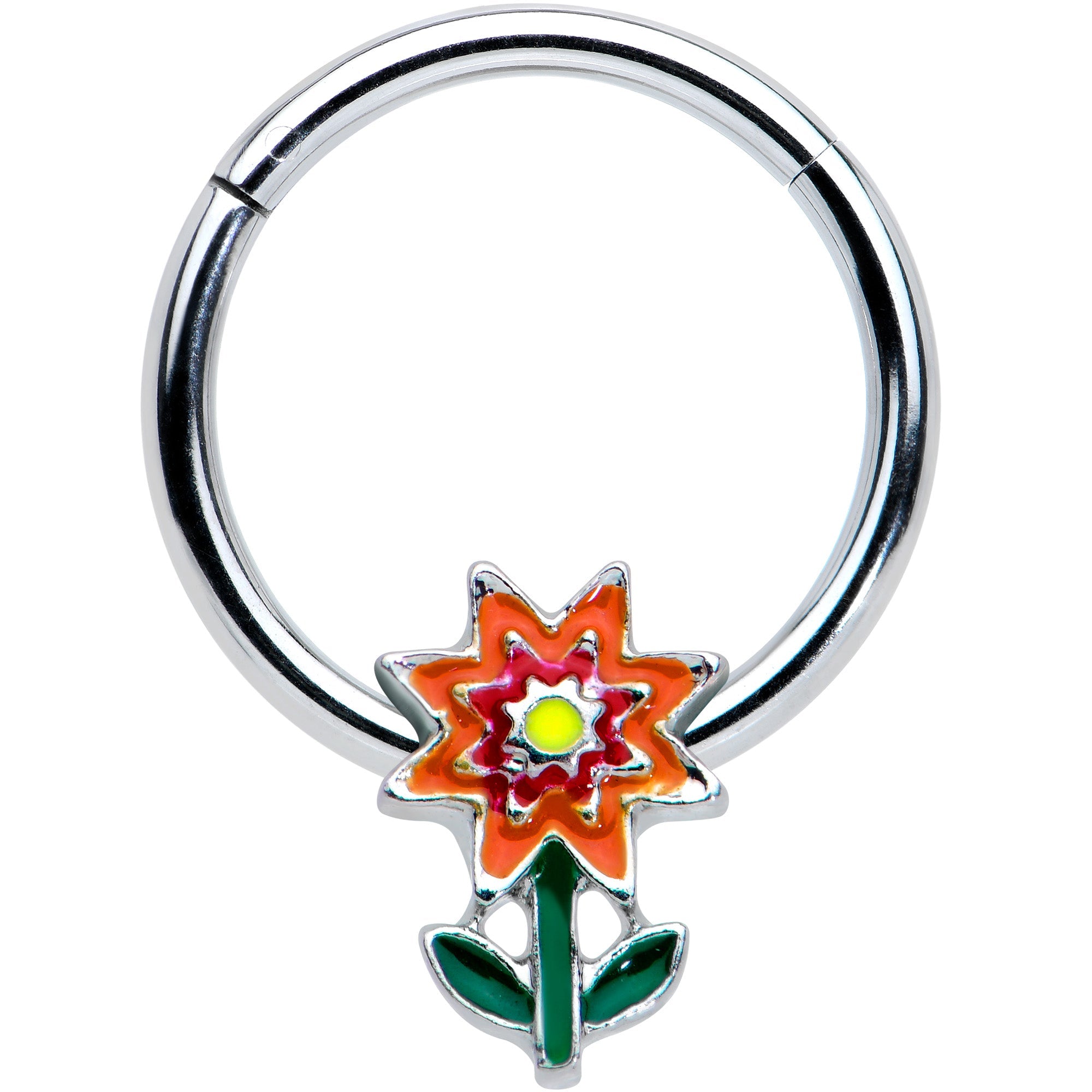 BodyCandy 16G 3/8 Red Orange Yellow Fanciful Flower Hinged Segment Ring — main product shot