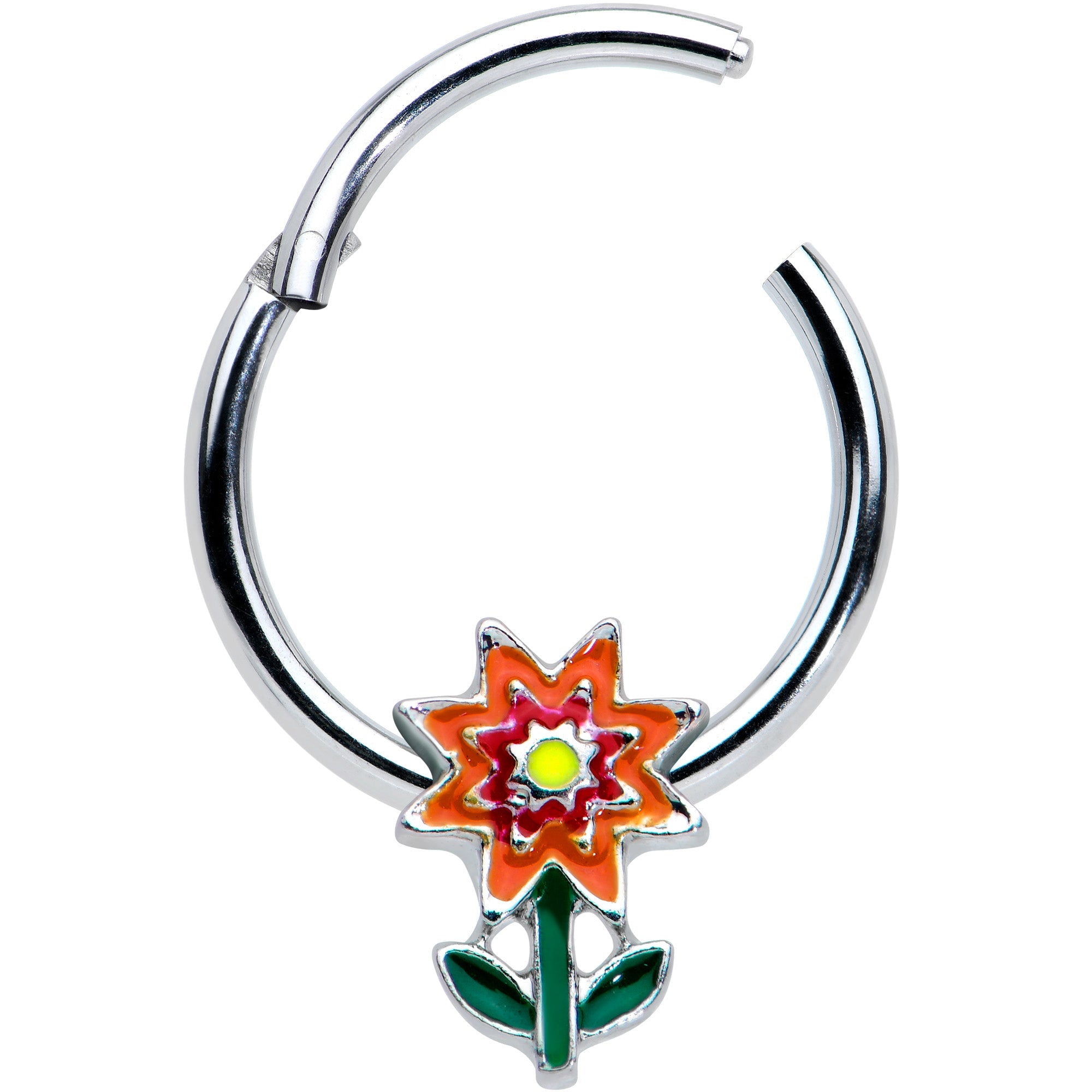 BodyCandy 16G 3/8 Red Orange Yellow Fanciful Flower Hinged Segment Ring — detail close-up