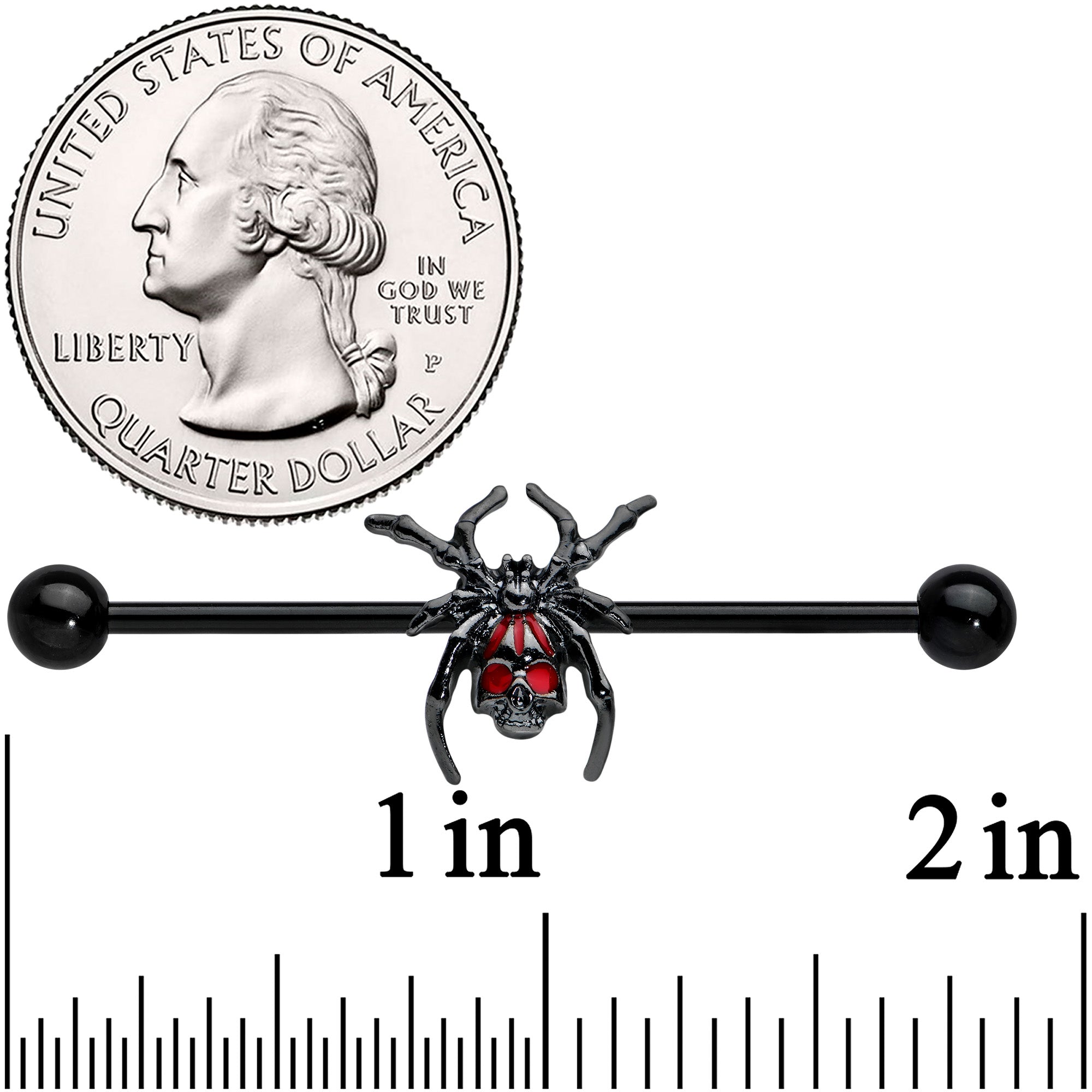 BodyCandy 14G Red Gem Black Widow Spider Halloween Industrial Barbell 38mm — detail close-up