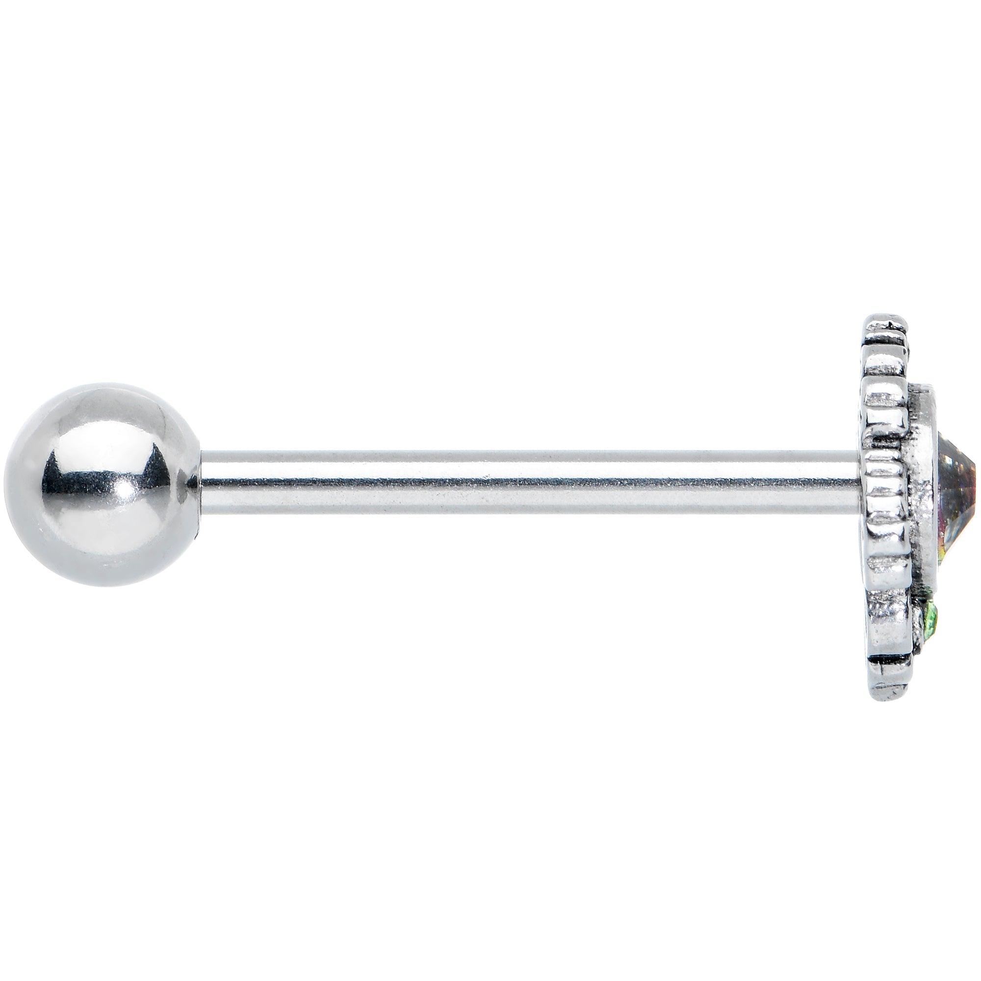 BodyCandy Green Orange Tourmaline Fire Barbell Tongue Ring — detail close-up