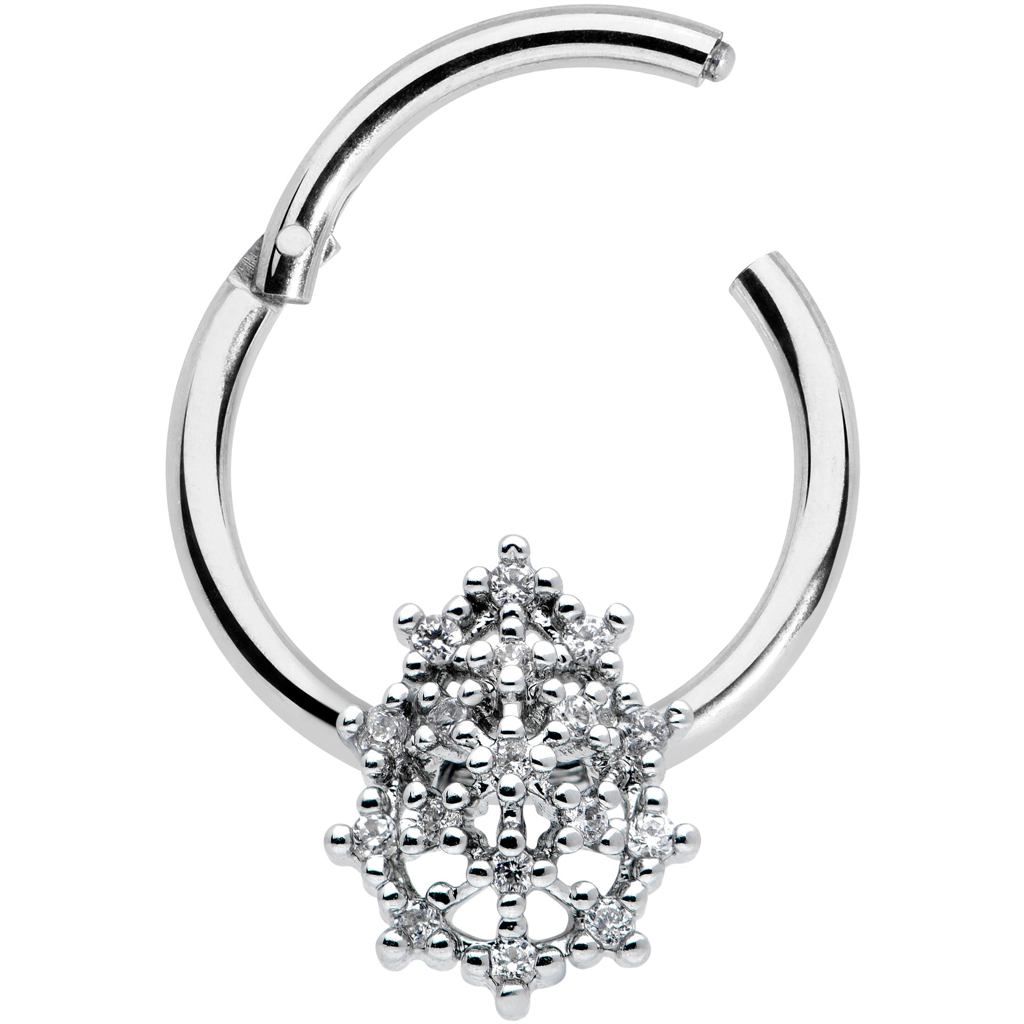 BodyCandy 16G 3/8 Clear CZ Gem Nubbly Textured Drop Hinged Segment Ring — detail close-up