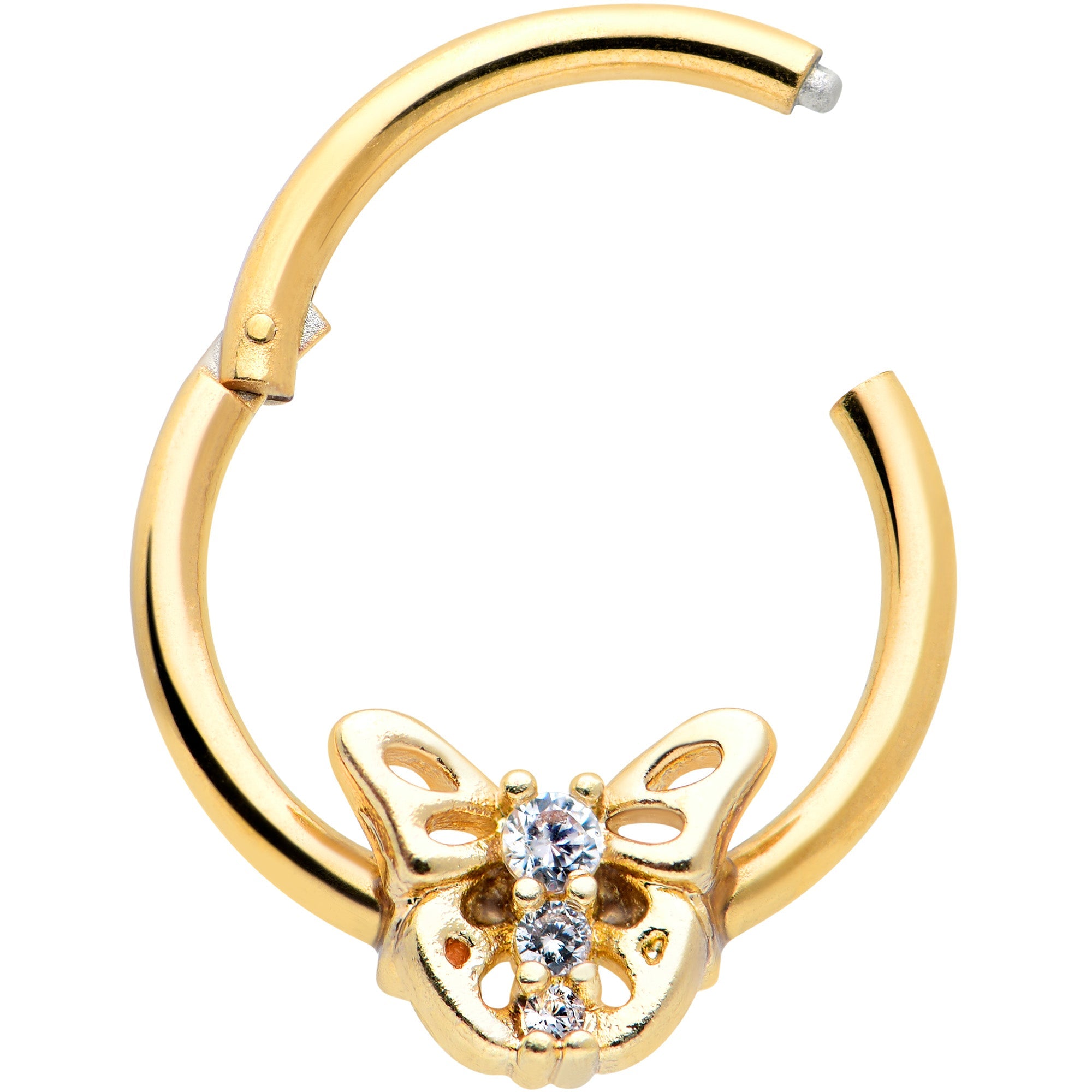 BodyCandy 16G 3/8 Clear CZ Gem Gold Tone Open Butterfly Hinged Segment Ring — detail close-up