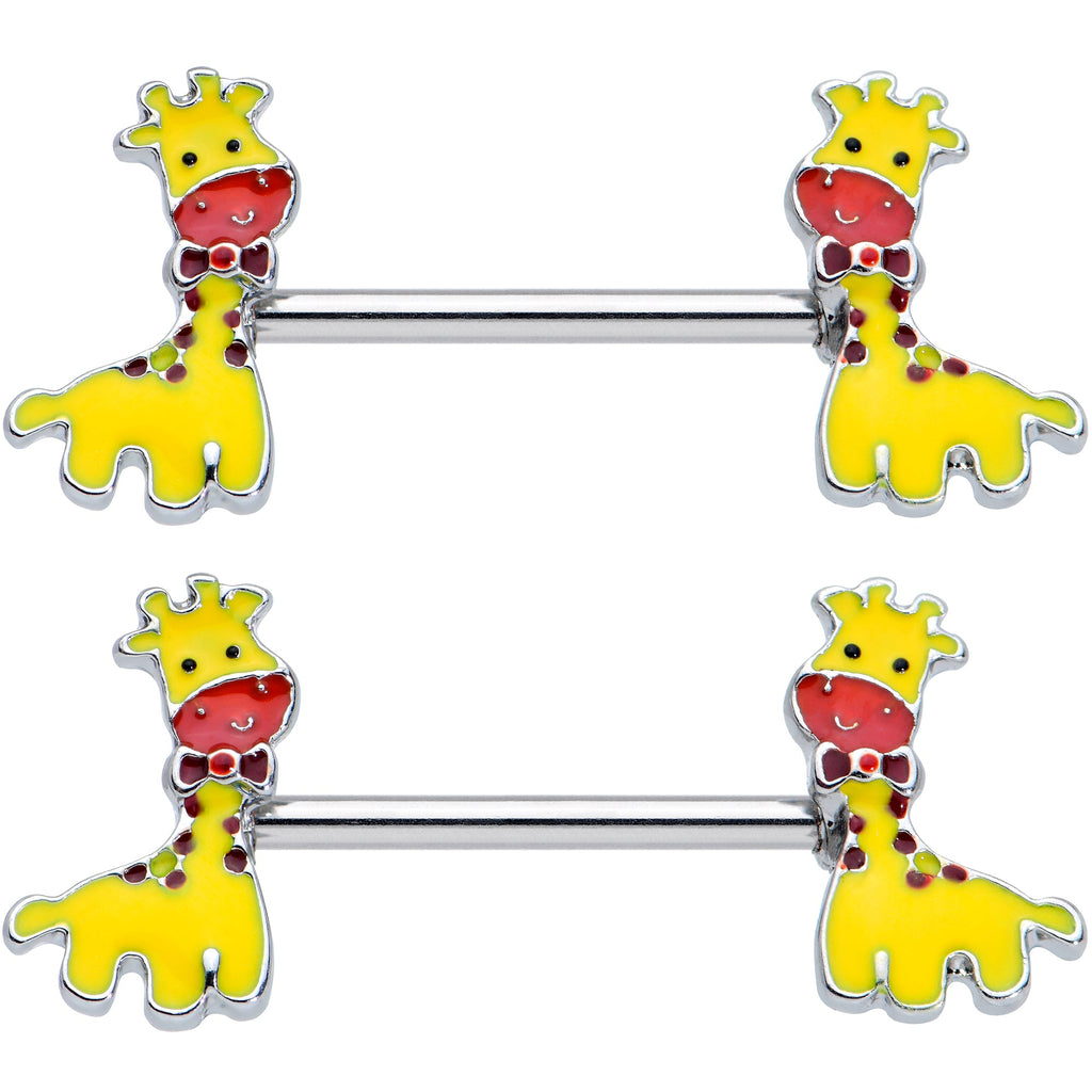 BodyCandy 14G 9/16 Bow Tie Yellow Red Giraffe Barbell Nipple Ring Set — detail close-up