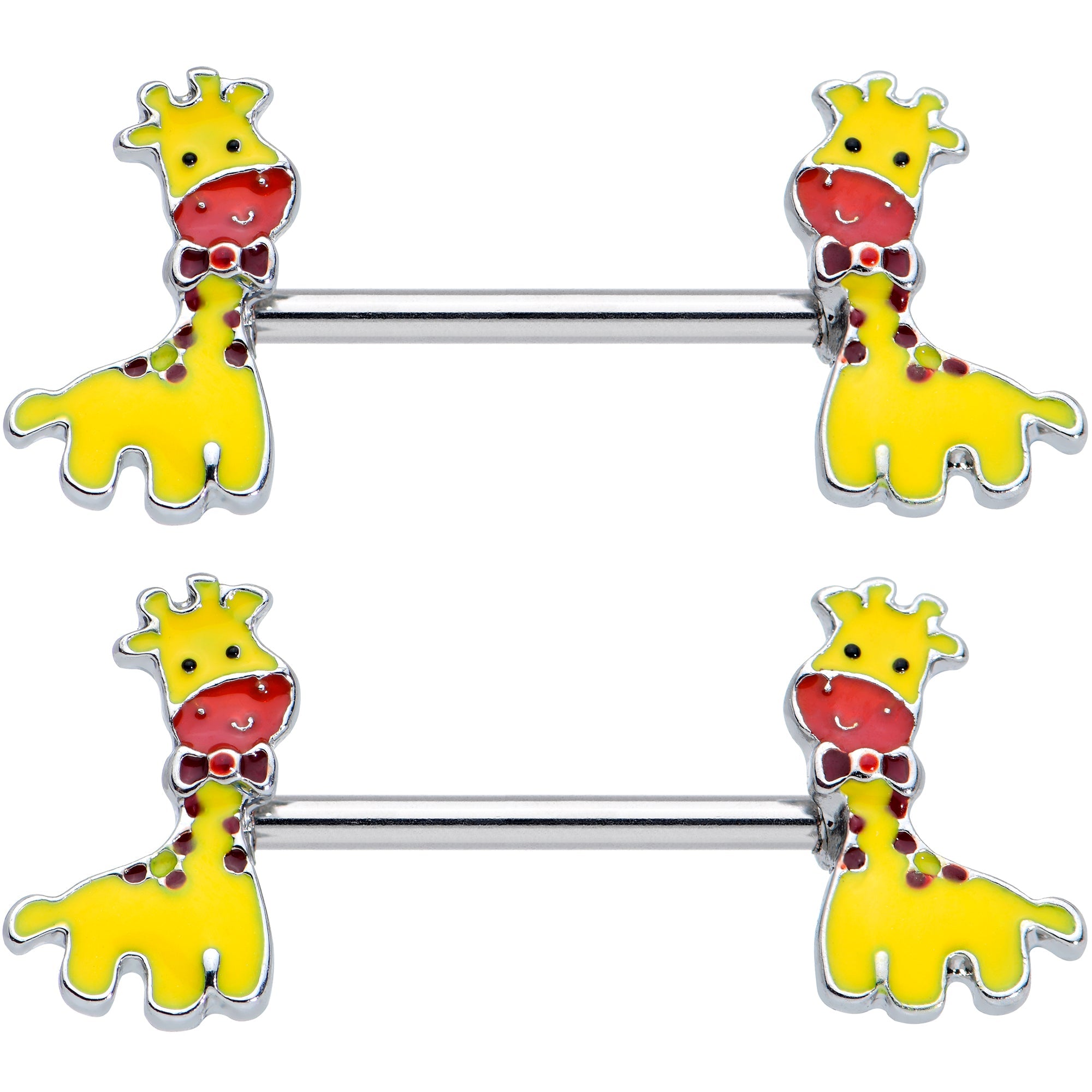 BodyCandy 14G 9/16 Bow Tie Yellow Red Giraffe Barbell Nipple Ring Set — detail close-up