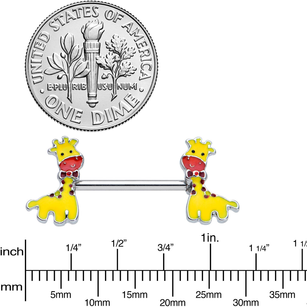 BodyCandy 14G 9/16 Bow Tie Yellow Red Giraffe Barbell Nipple Ring Set — lifestyle context