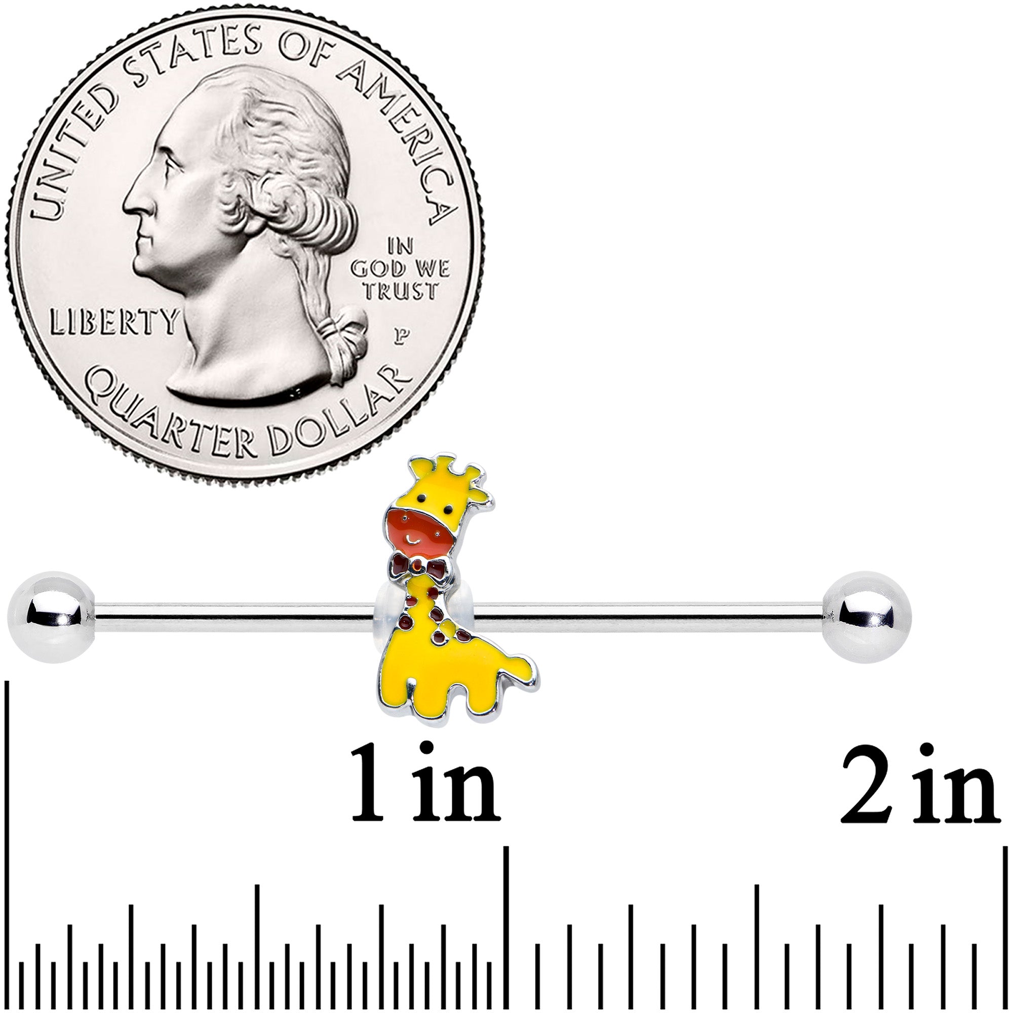 BodyCandy 14G Bow Tie Yellow Red Giraffe Industrial Barbell 38mm — detail close-up